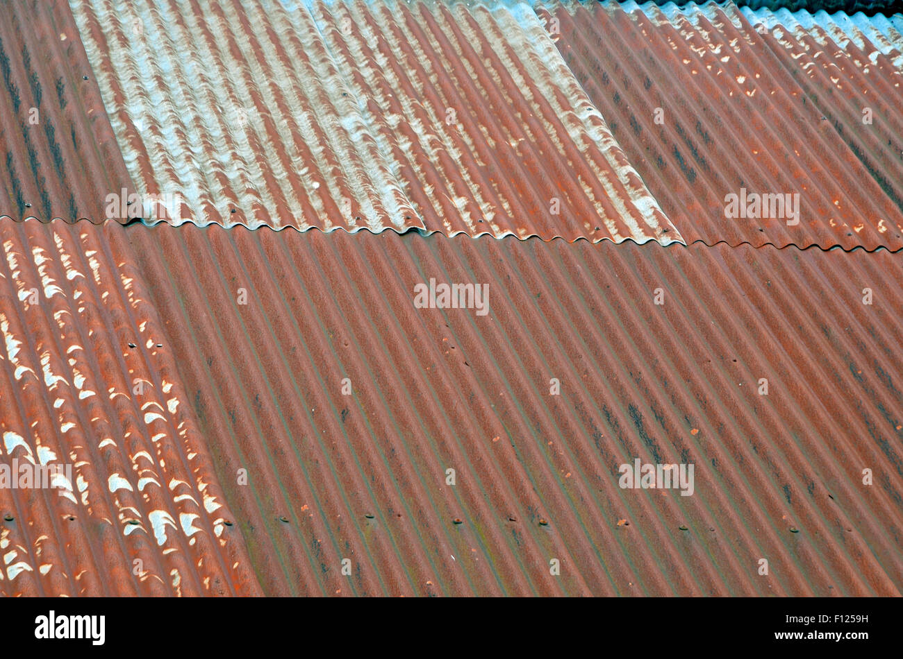 Rusty ferro corrugato (talvolta denominato tin) tetto su un vecchio fienile. Foto Stock