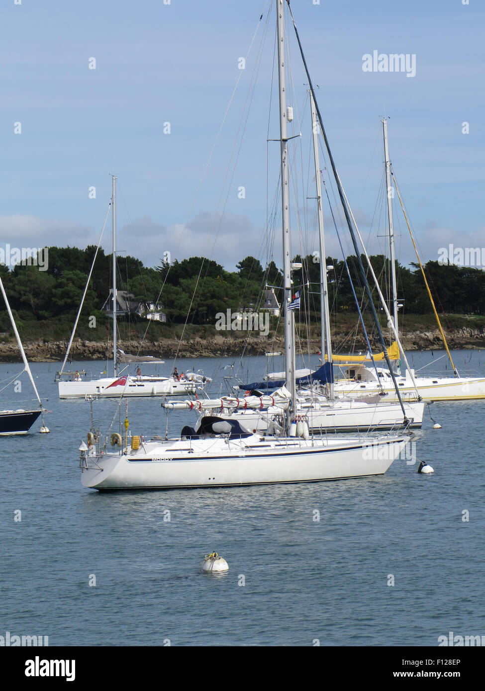 La Trinité-sur-Mer: yacht ormeggiati ad una boa Foto Stock