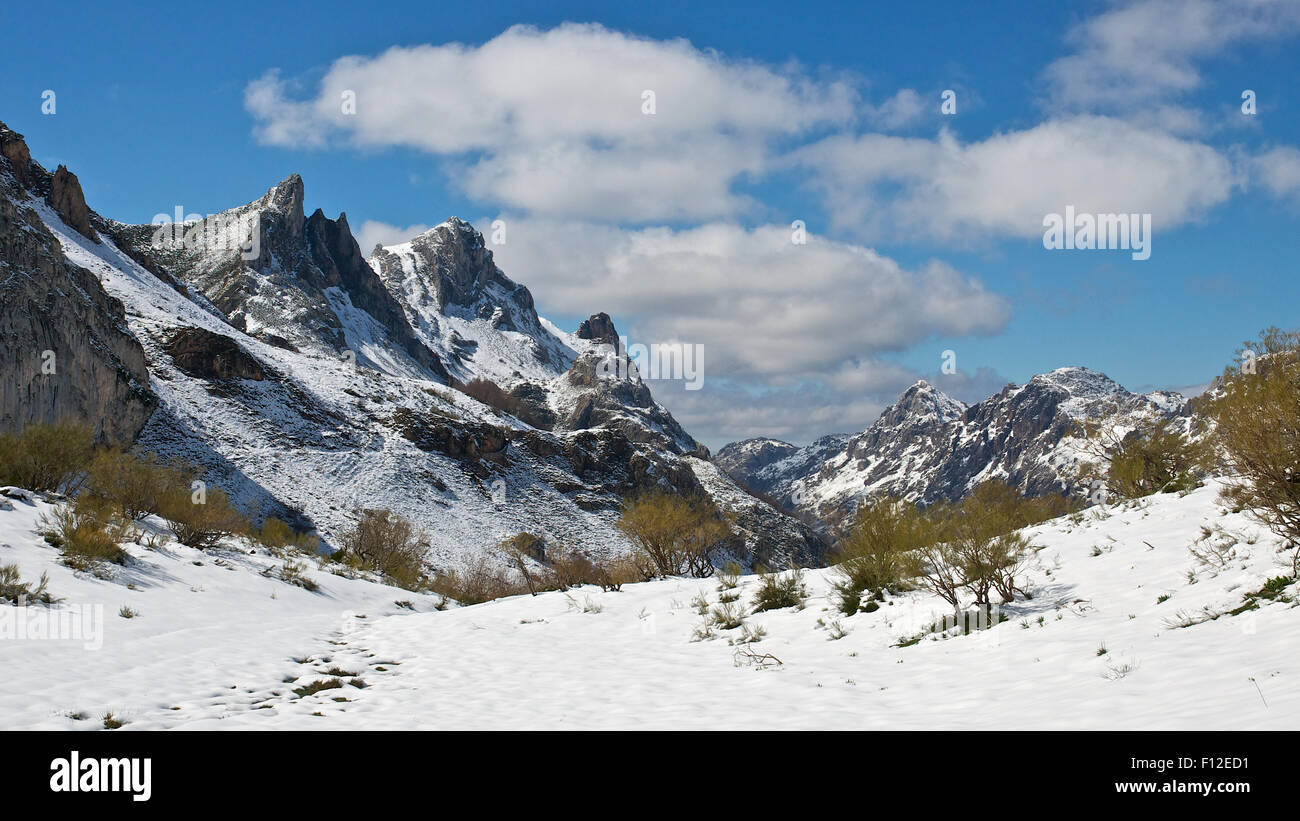 Vista panoramica in una giornata innevata delle vette della Sierra de la Mortera e della Valle de Lago da PR-AS 15 nel Parco Naturale di Somiedo (Somiedo, Asturie, Spagna) Foto Stock