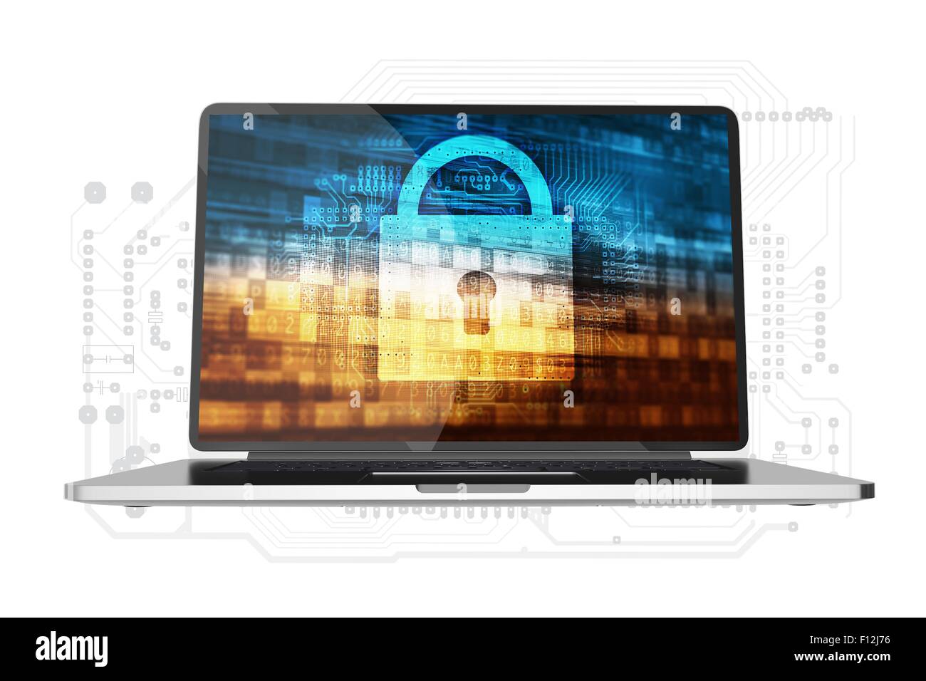 Cassetta di sicurezza Accesso Computer illustrazione concettuale. Laptop moderno computer con lucchetto e sfondo digitale concetto sul display. Giro Foto Stock