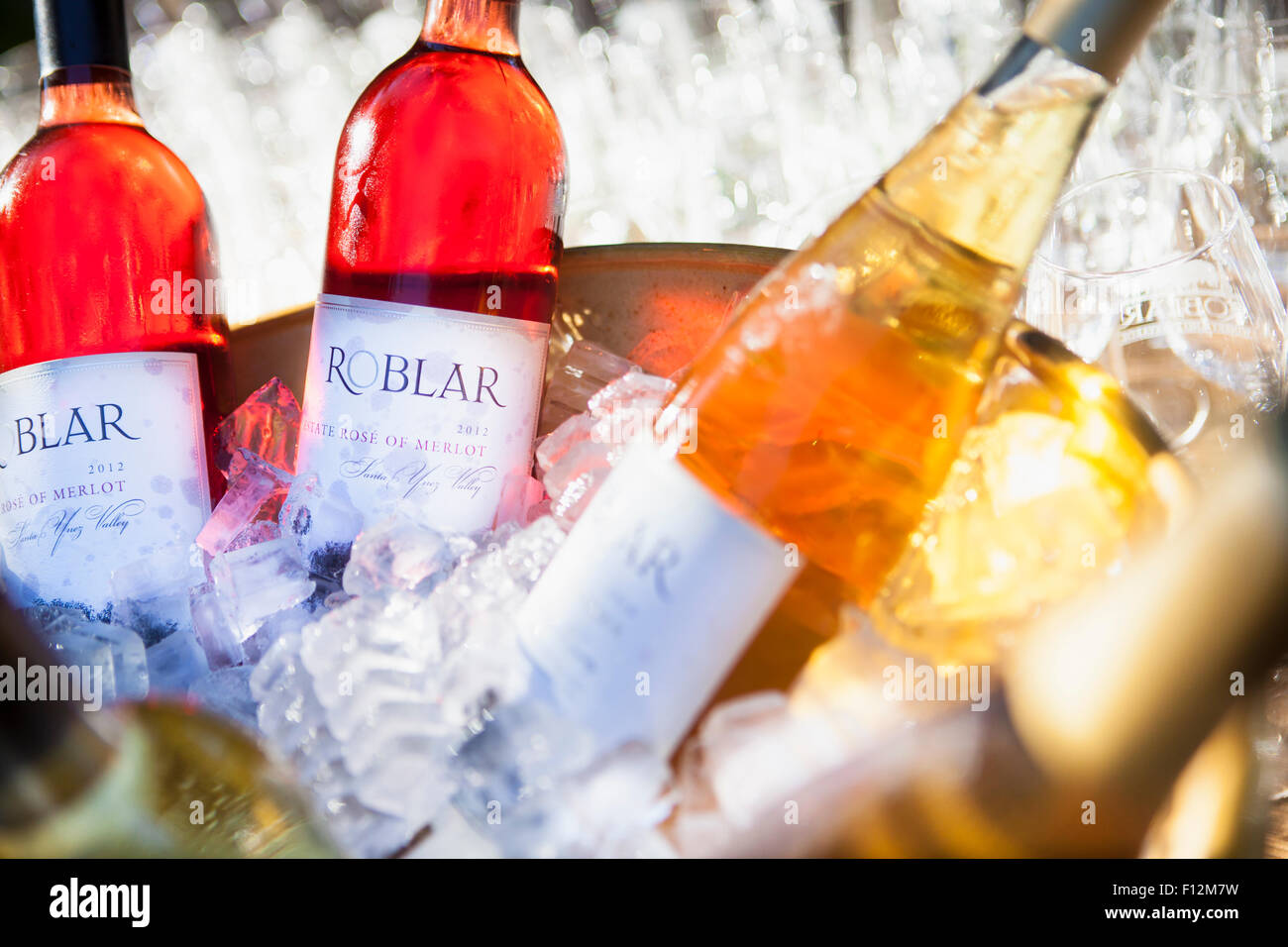 Bottiglie di Roblar Station Wagon rosa di Merlot chill in preparazione per i membri di un' Cena presso Roblar Cantina Santa Ynez Valley, Californ Foto Stock