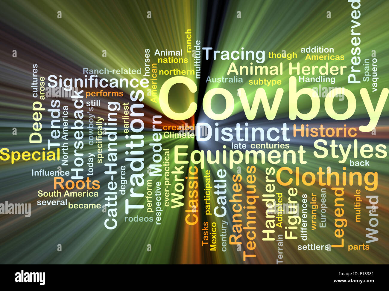 Concetto di sfondo wordcloud illustrazione del cowboy luce incandescente Foto Stock