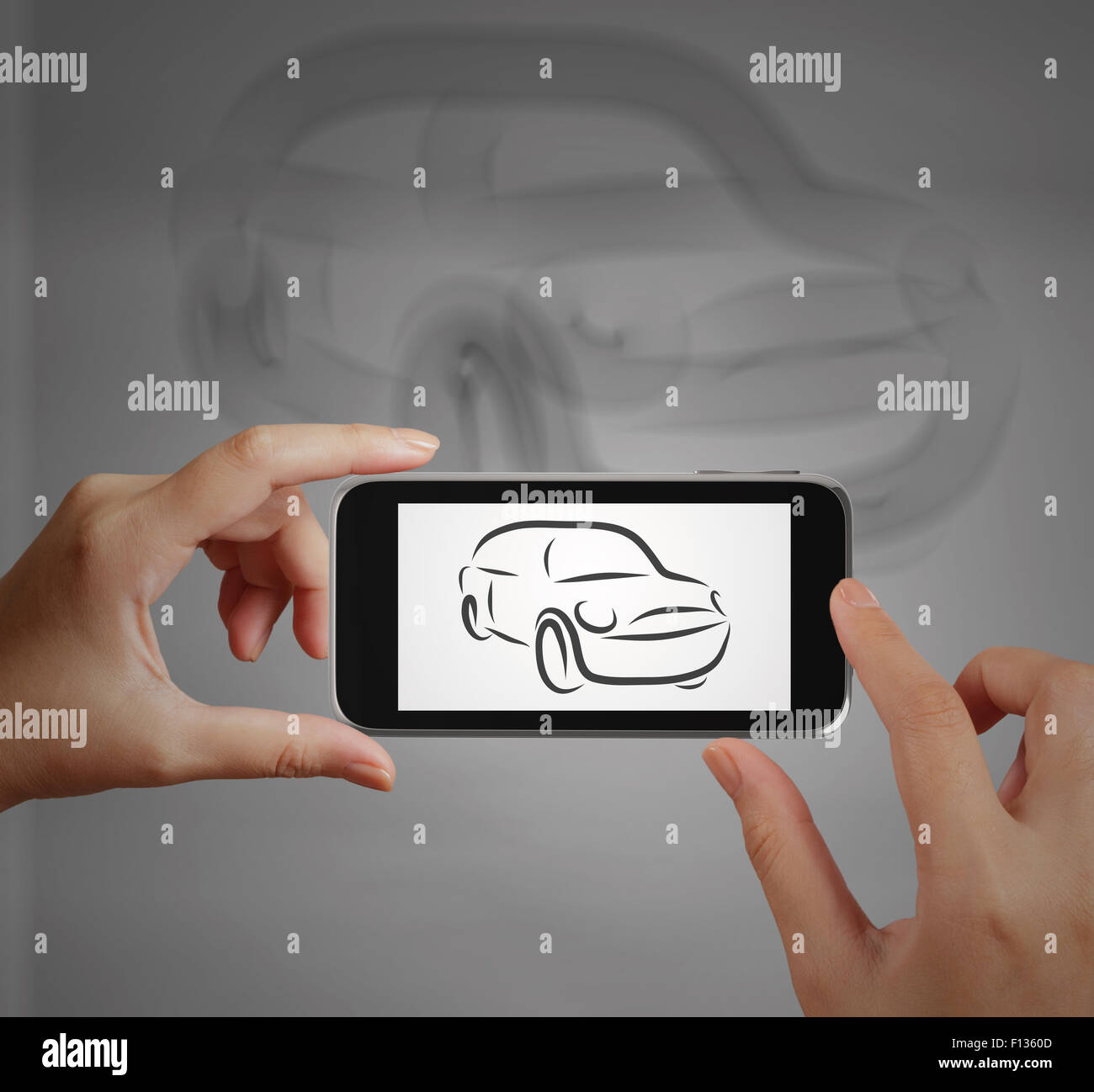 Smart mano utilizzando i telefoni touchscreen prendere le foto di Car Icona come concetto Foto Stock