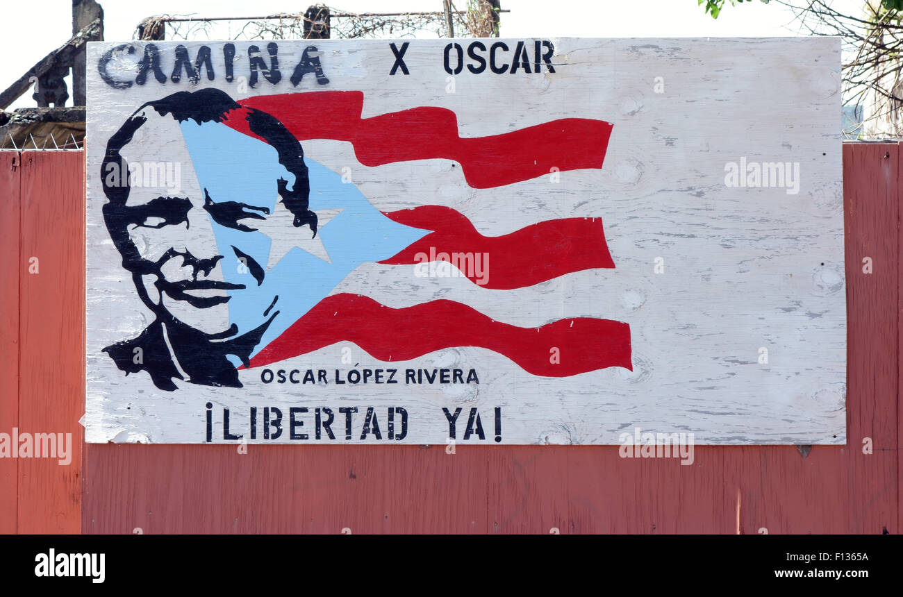 Un poster per chiedere la liberazione di Oscar Lopez Rivera Foto Stock