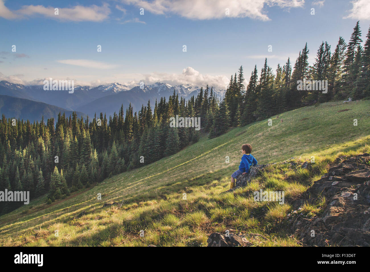 Ragazzo seduto su di una roccia su una montagna Foto Stock