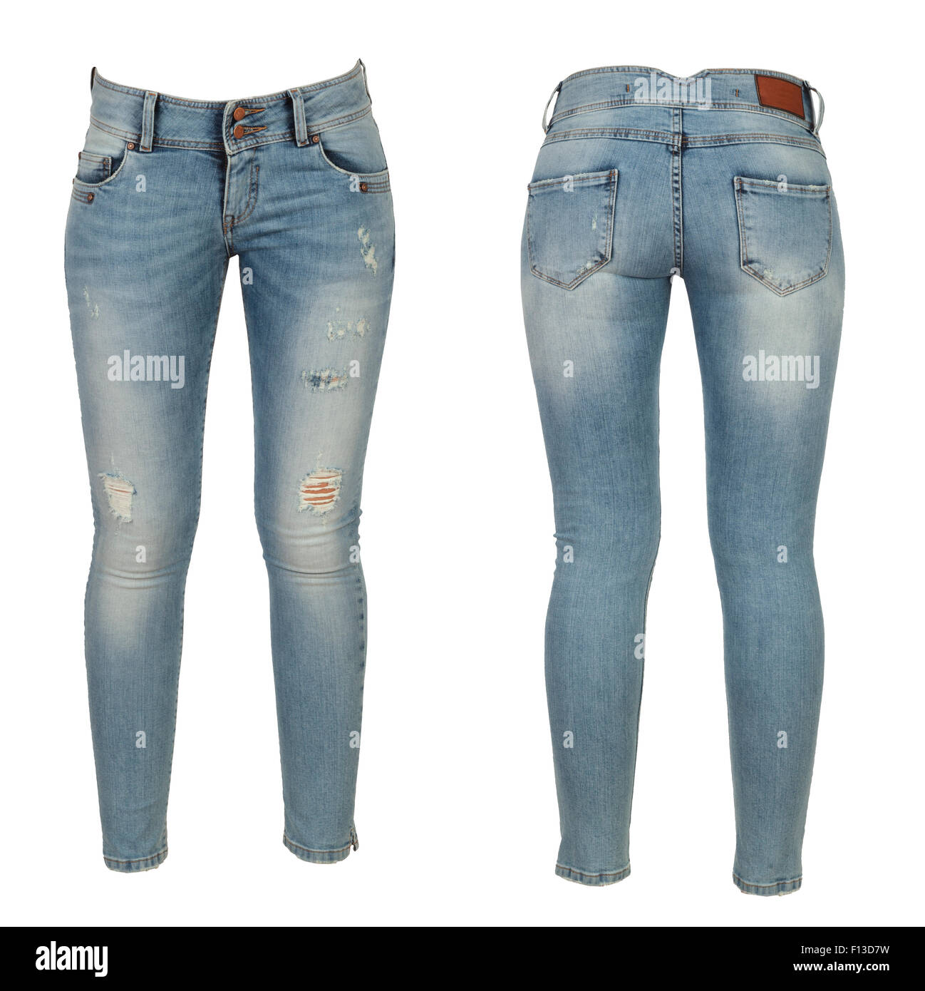 Jeans in fronte e retro isolato su bianco Foto Stock