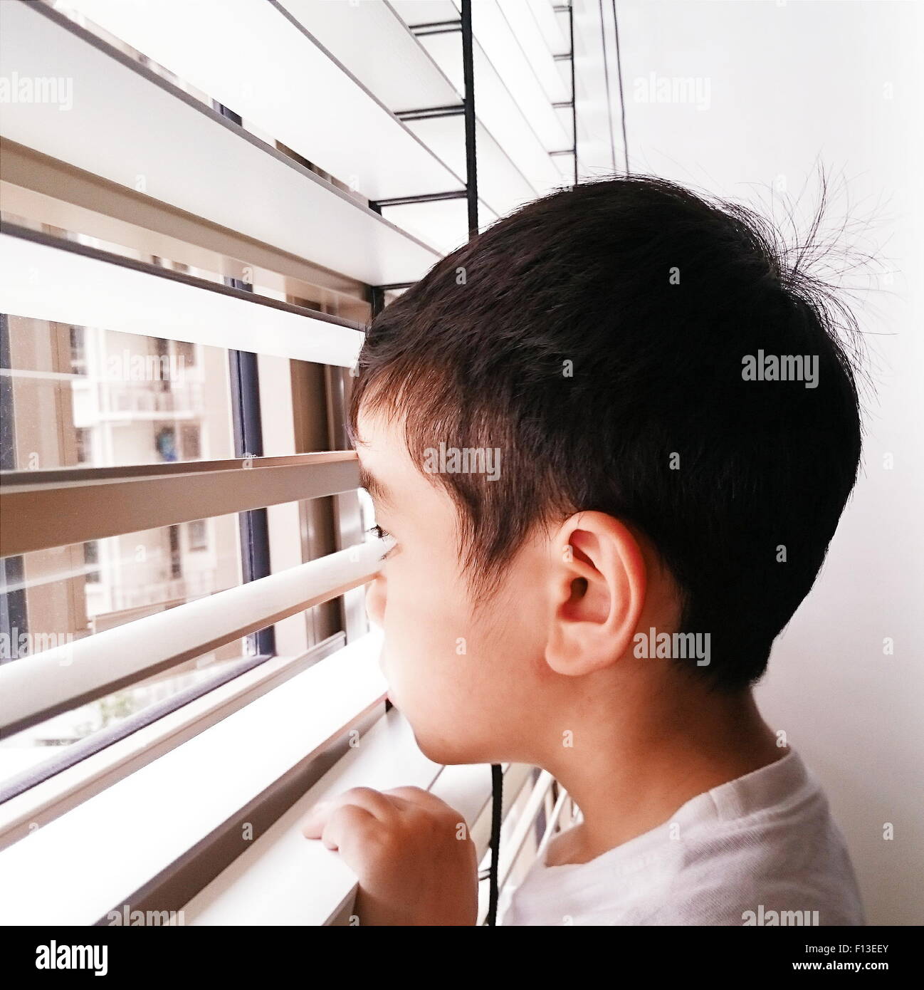 Ritratto di un ragazzo che guarda attraverso la finestra Foto Stock