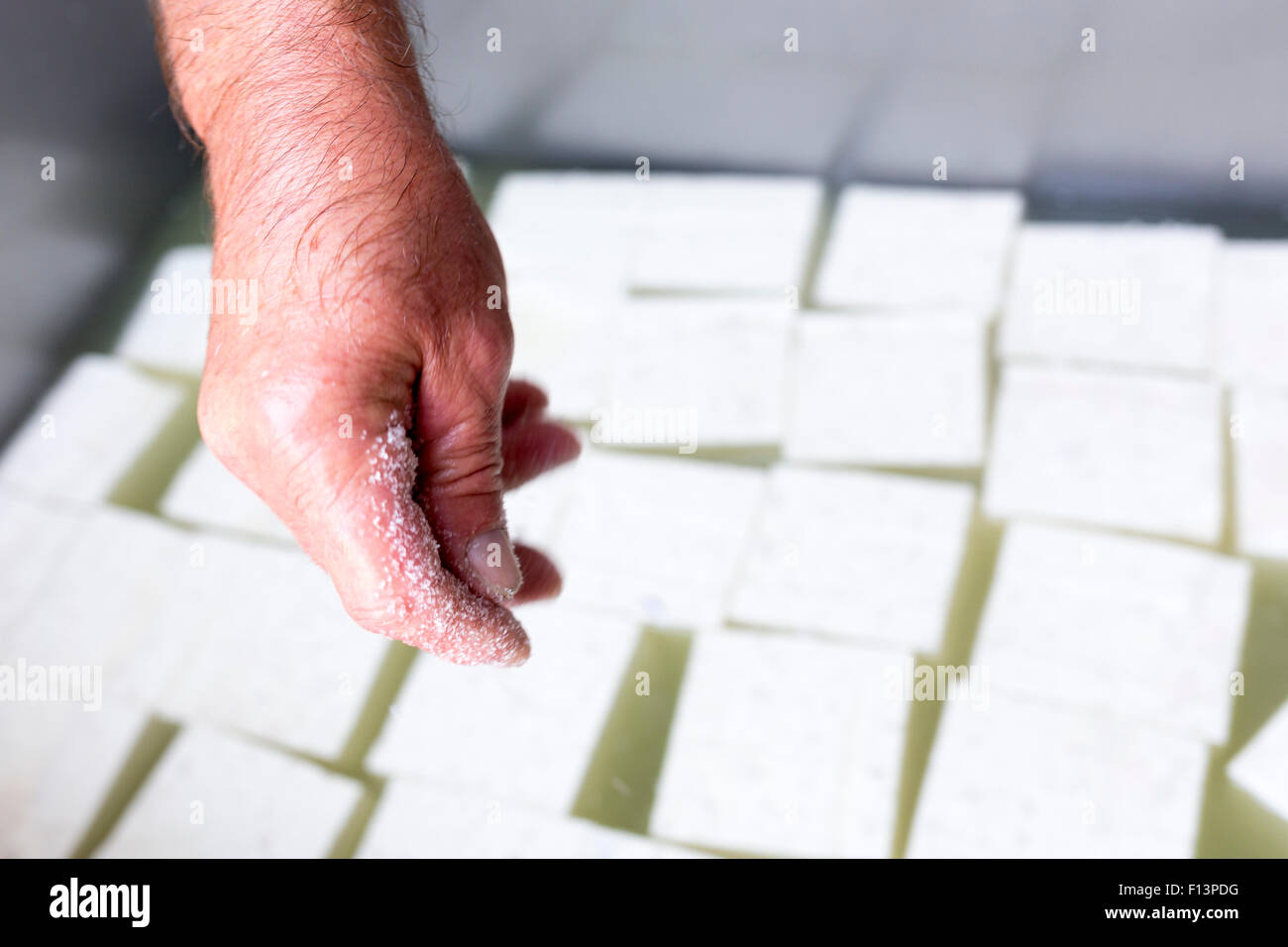 La Feta è un messi in salamoia cagliata di formaggio bianco fatto in Bulgaria dal latte di pecora, o da una miscela di pecora e di capra latte. Analoga soluzione salina Foto Stock