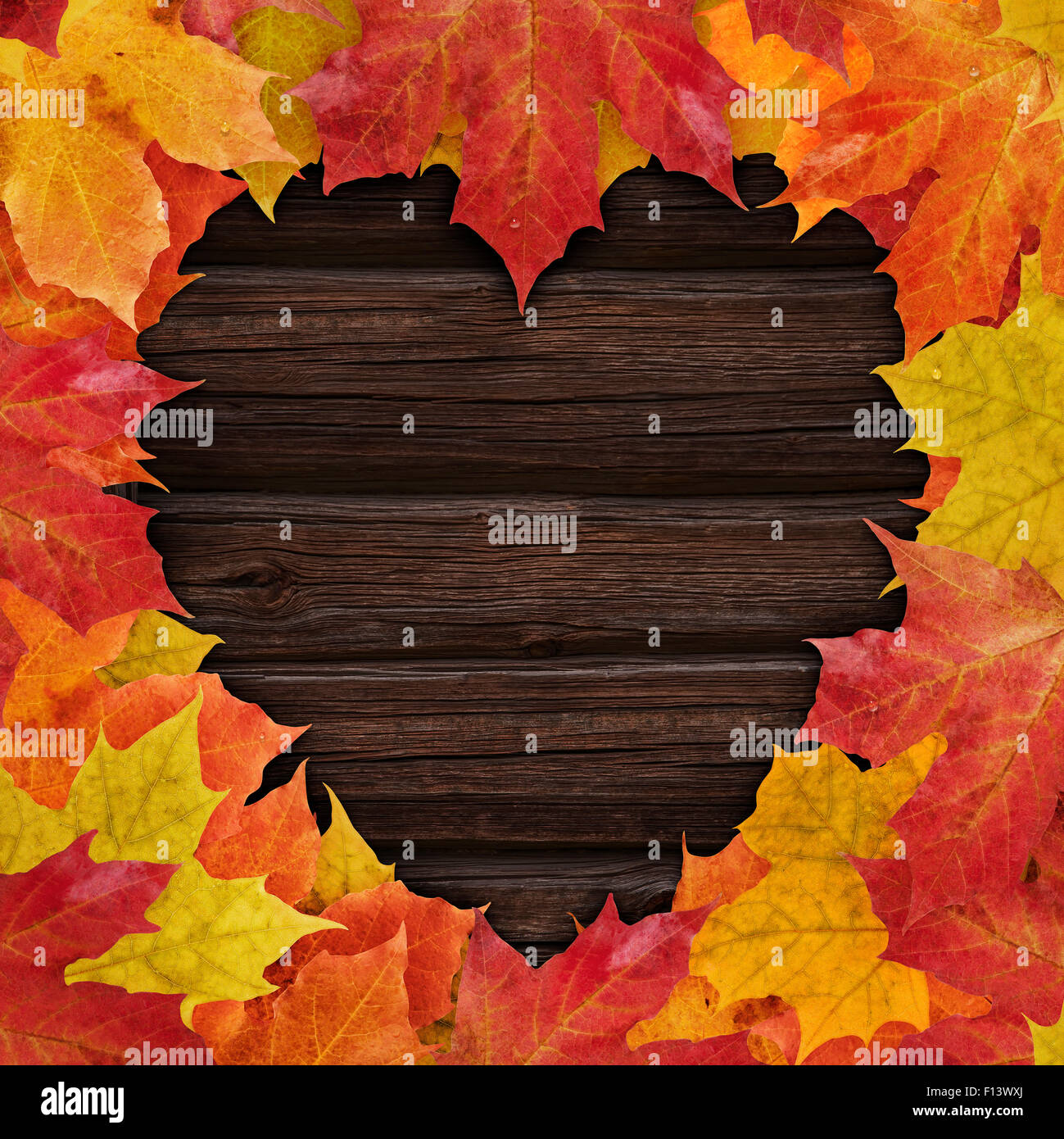 Autunno foglie di acero in legno scuro dello sfondo con heartshaped copia spazio. Foto Stock