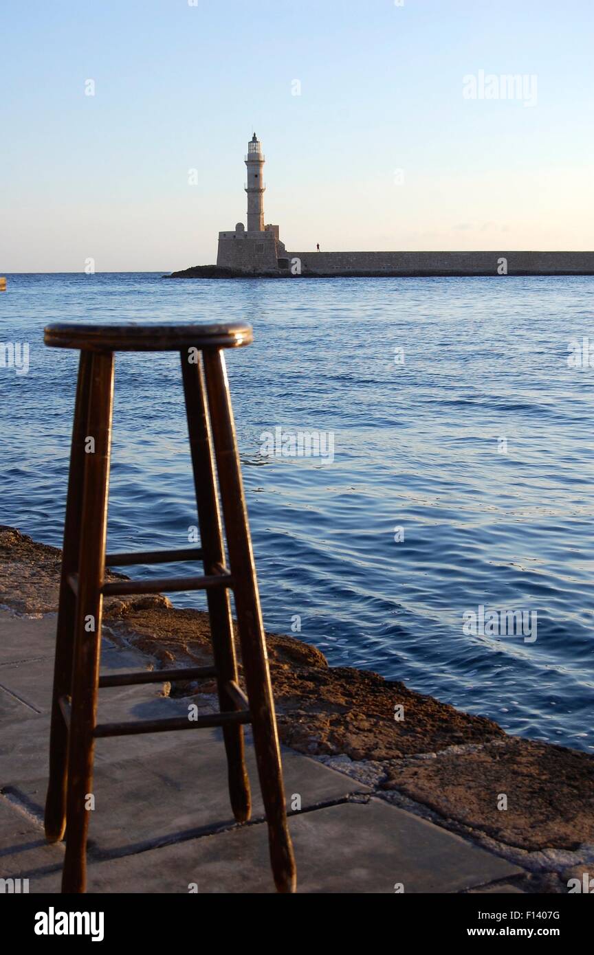 Faro di Chania porto sulla costa nord occidentale di Creta, Grecia Foto Stock