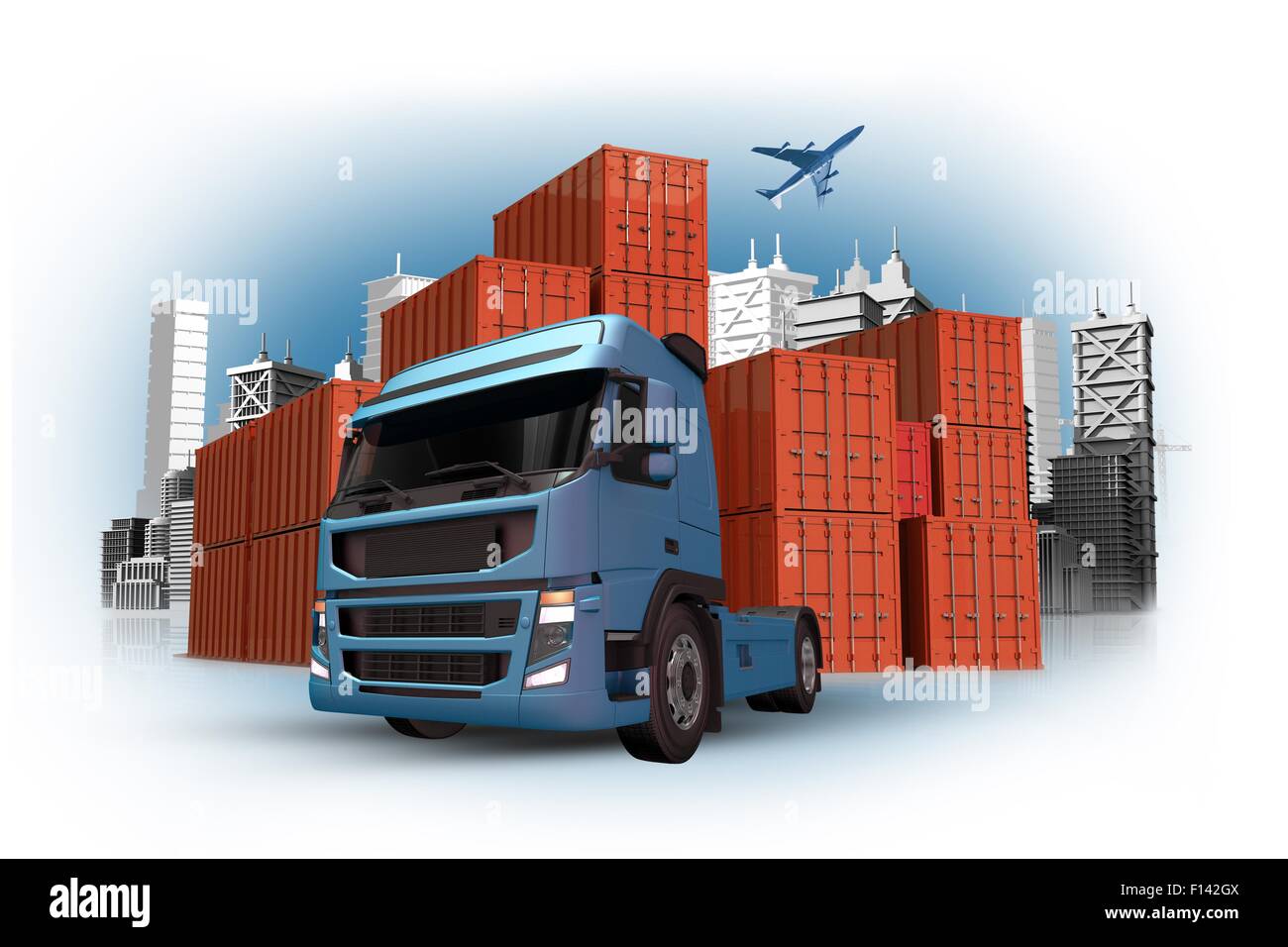 Cargo e Custom concetto internazionale con la spedizione di container, camion e aereo cargo del cielo. 3D concetto Cargo illustrat Foto Stock