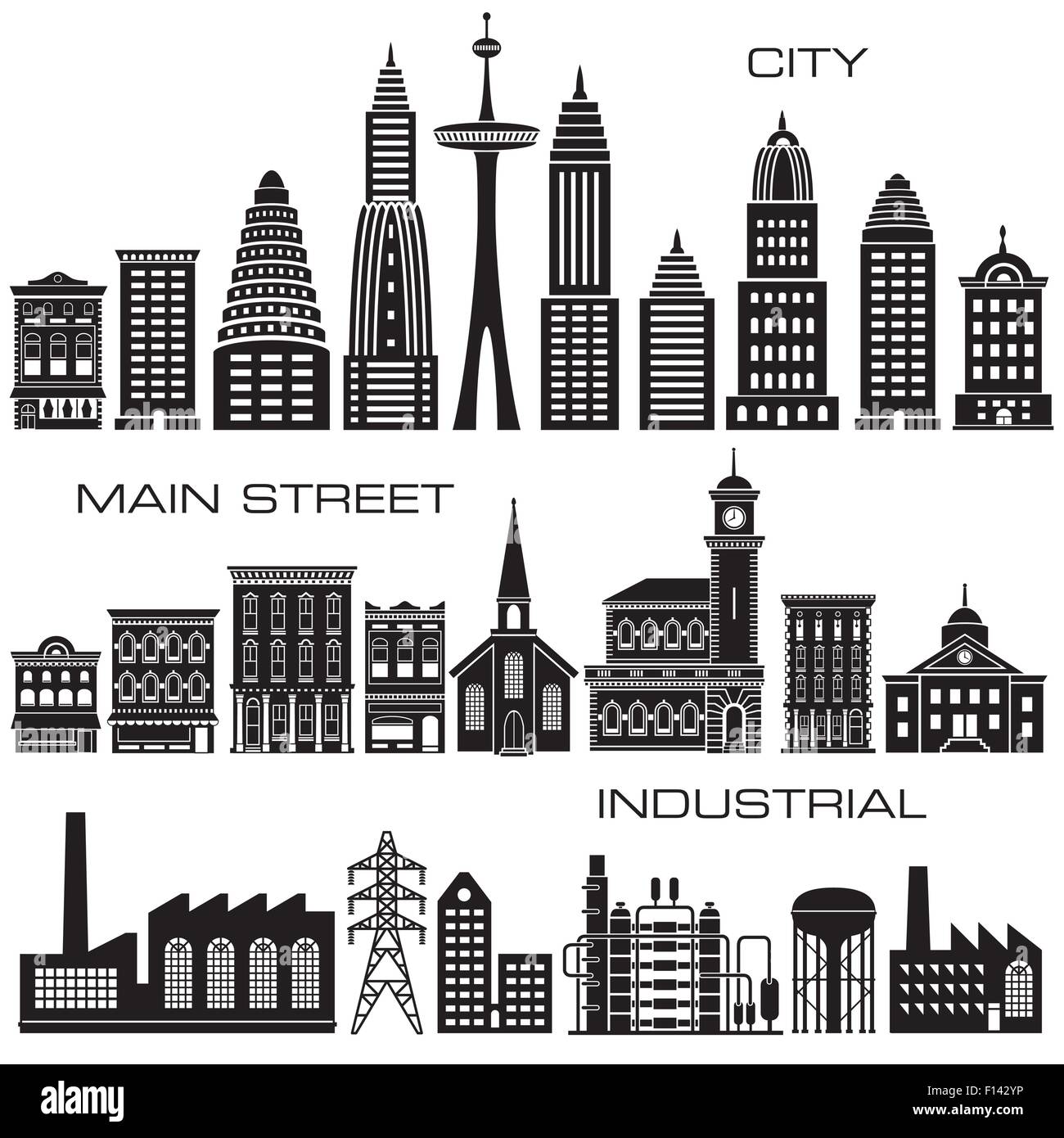 24 città, strada principale ed edifici industriali icona impostare Illustrazione Vettoriale