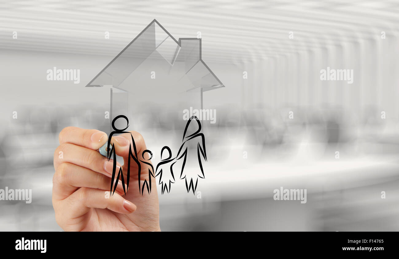 Disegno a mano 3D Casa con famiglia icona come concetto di assicurazione Foto Stock