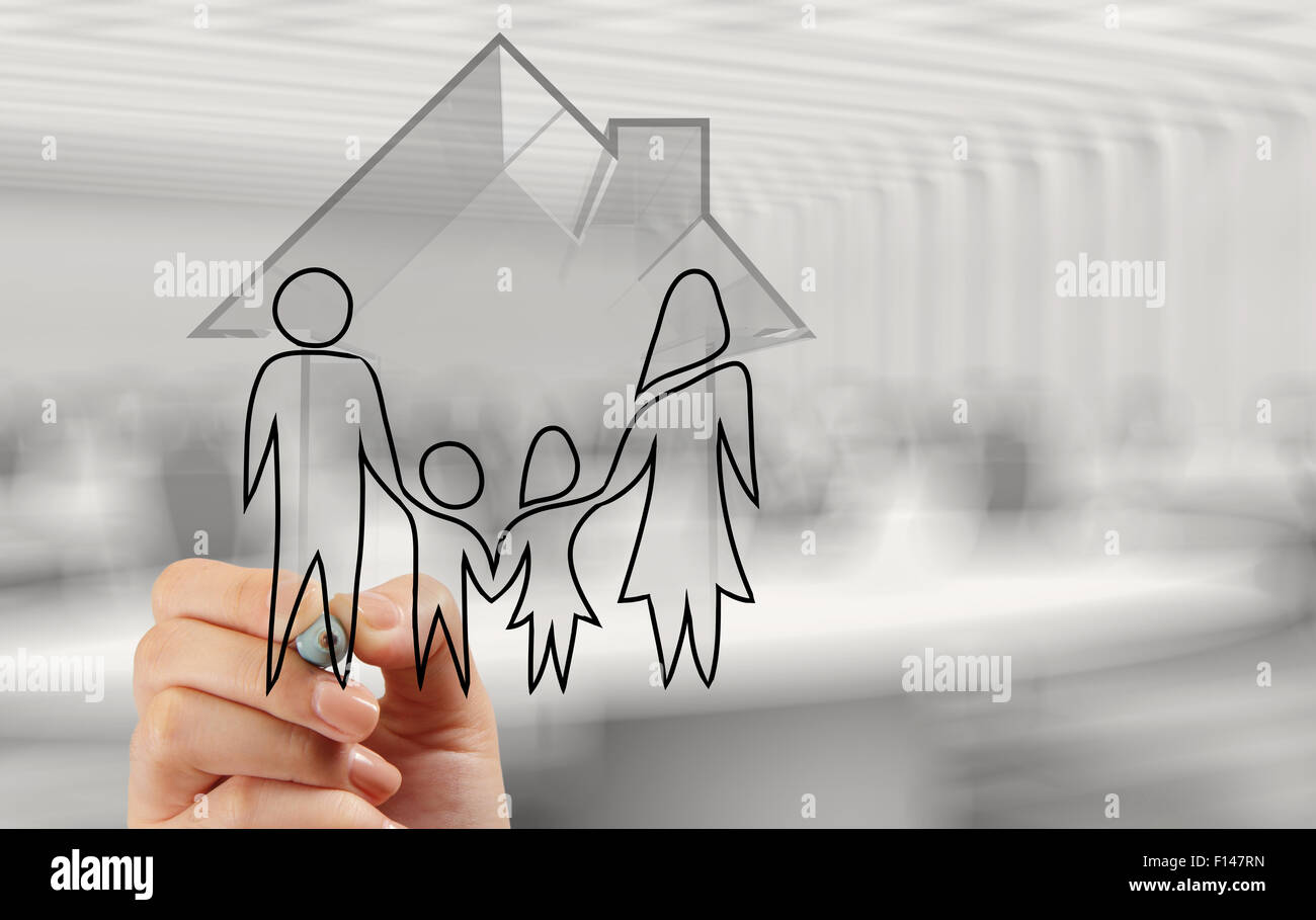 Disegno a mano 3D Casa con famiglia icona come concetto di assicurazione Foto Stock