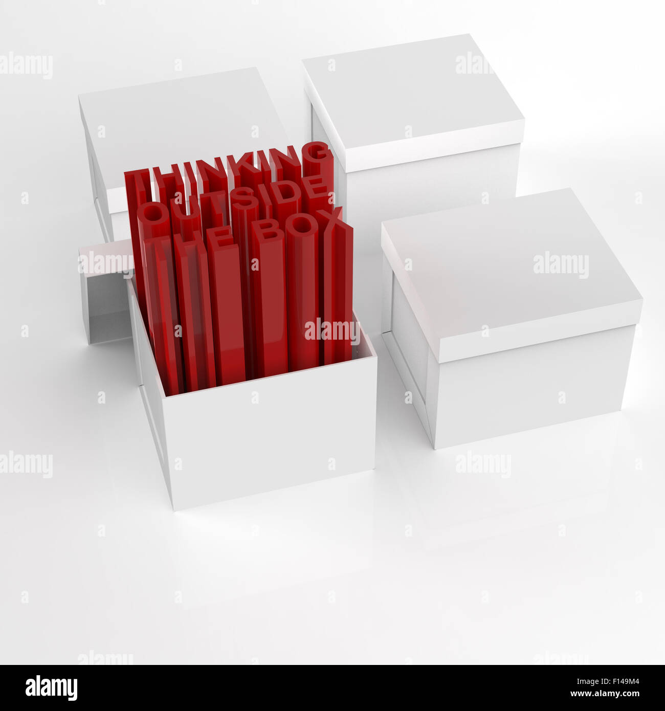 3d open box con extrude testo come pensare al di fuori del concetto di scatola Foto Stock