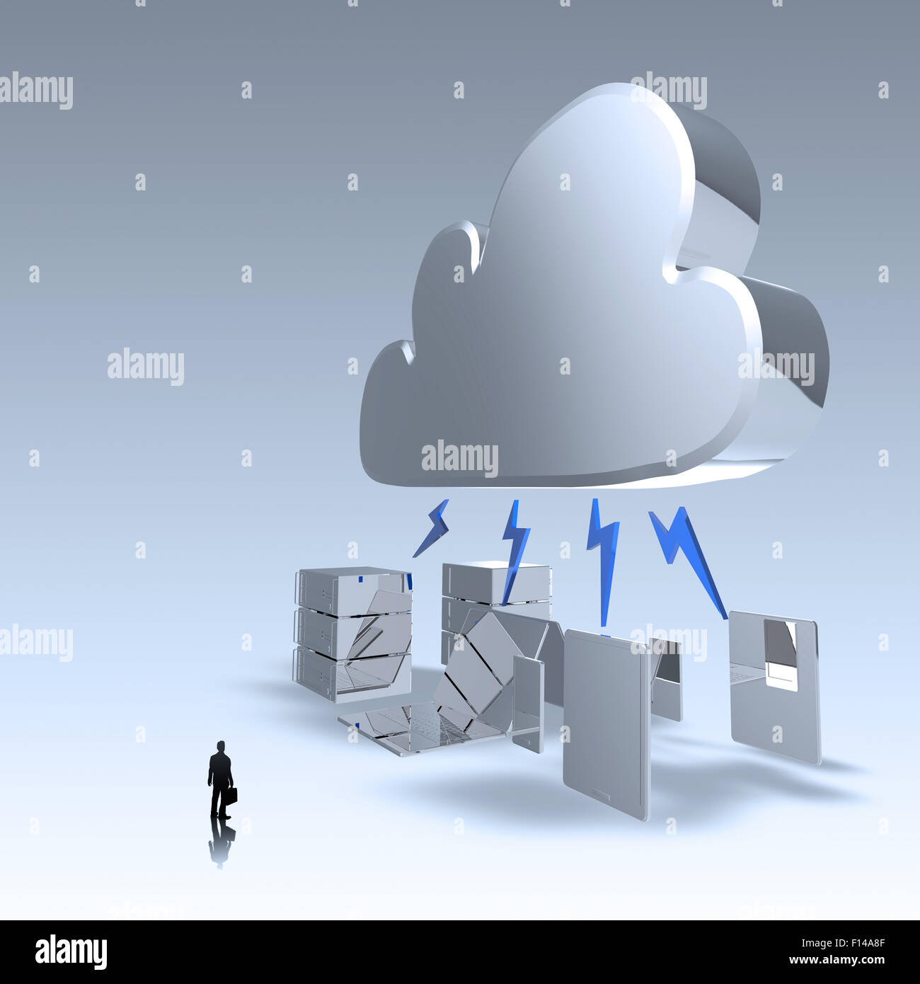 Imprenditore guardando il cloud computing 3d segno sul computer portatile come concetto Foto Stock