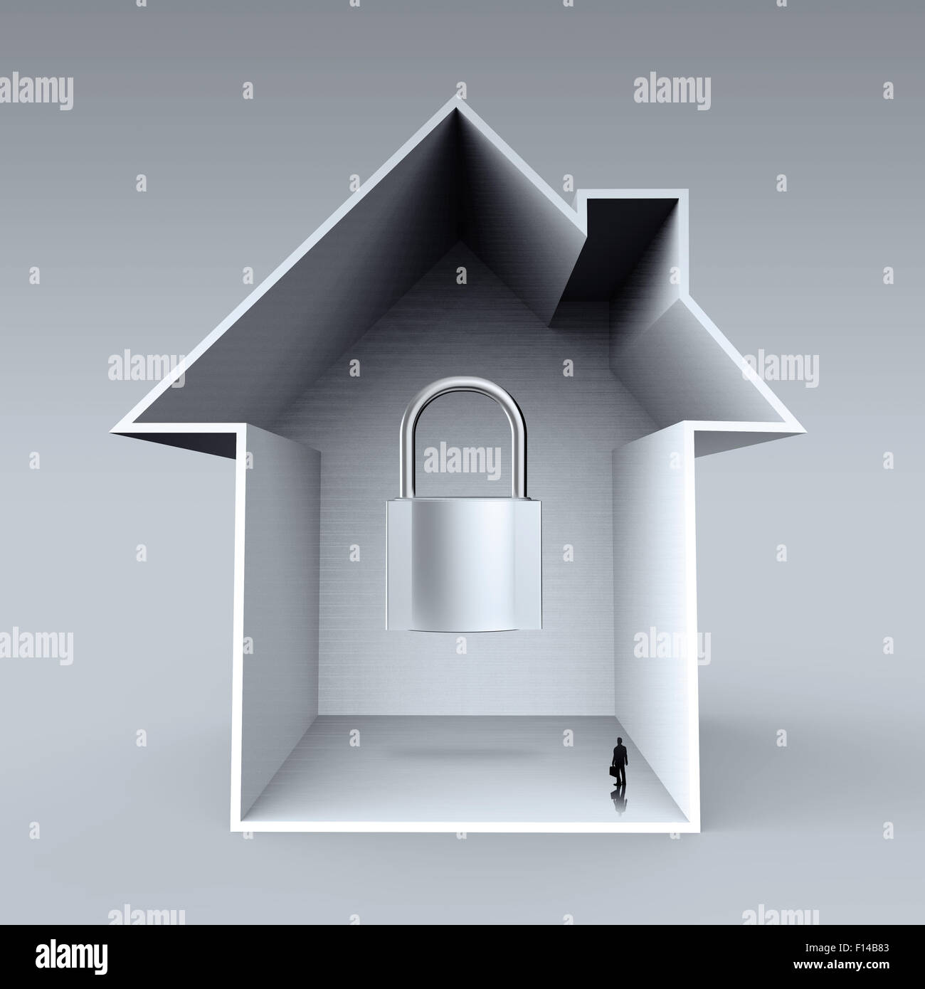 Imprenditore guardando 3d casa con icona a forma di lucchetto come concetto di assicurazione Foto Stock