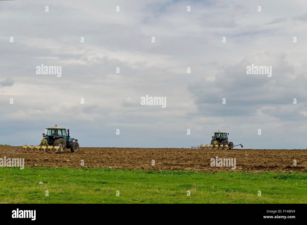 Due trattore con macchina agricola coltivare il campo Foto Stock