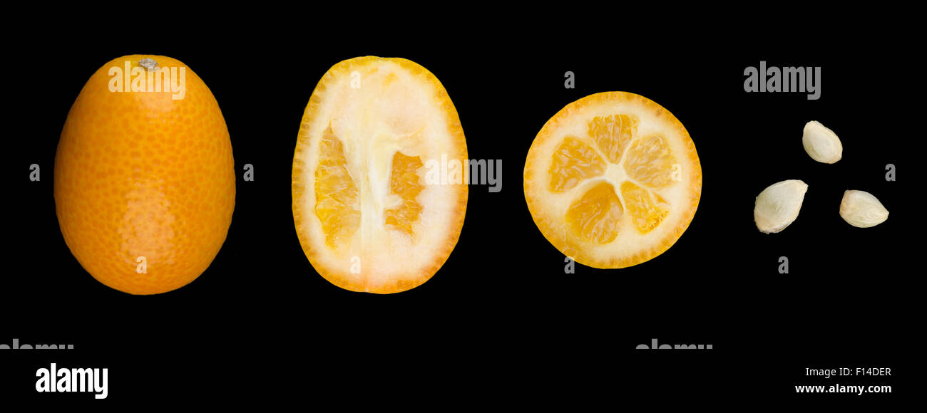 Kumquat ovale con semi in una fila closeup. Un intero kumquat, due tagliati a metà e tre semi. Macro da sopra, sfondo nero. Foto Stock