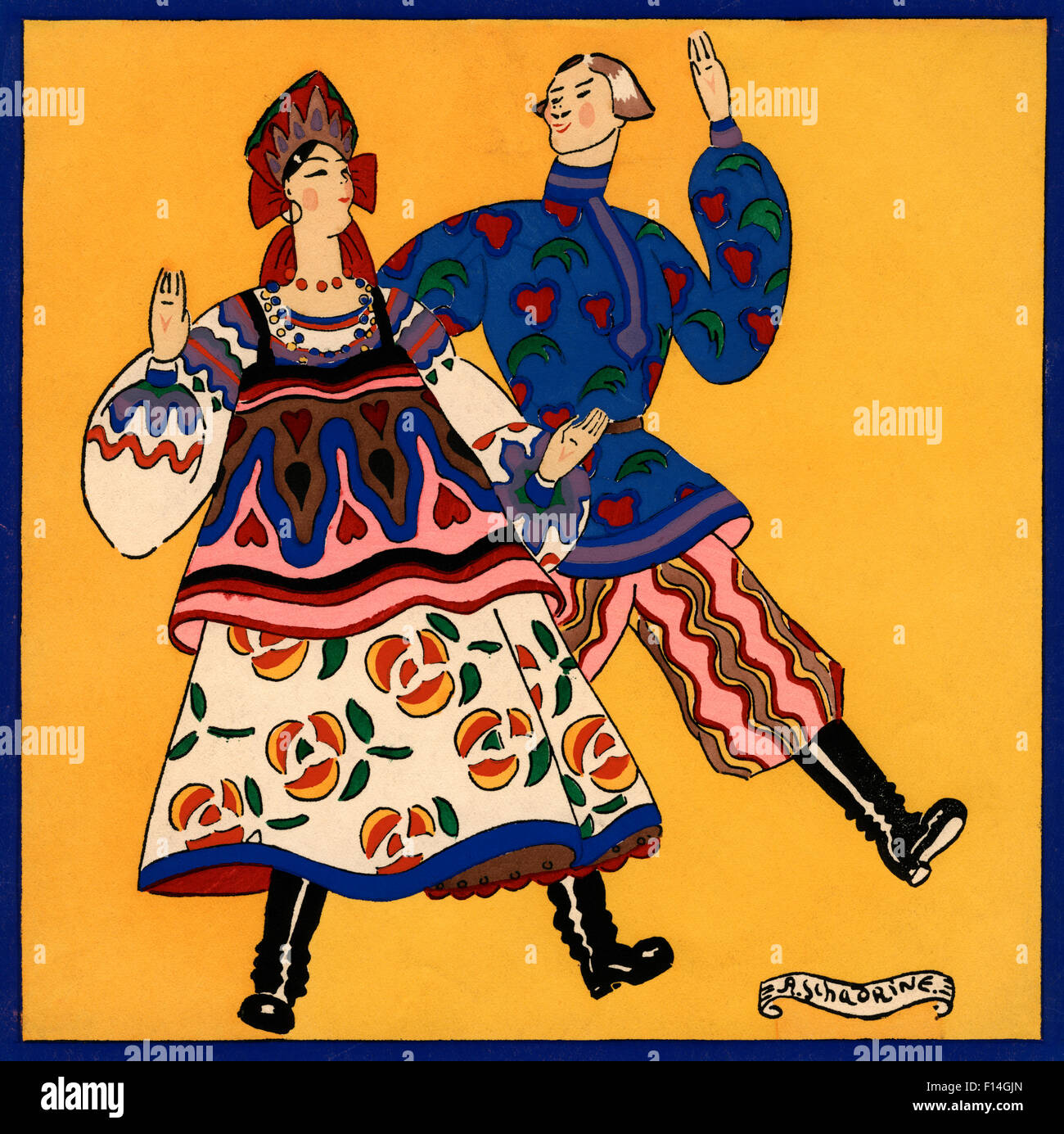1920s 1930 russo matura in variopinti costumi tradizionali balli folcloristici artista A.SCHADRINE Foto Stock