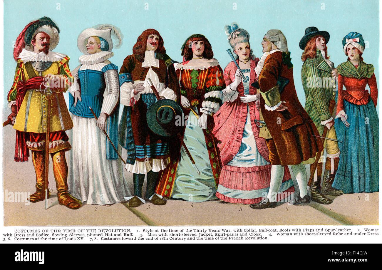 Sequenza temporale del FRANCESE DI MODA ABBIGLIAMENTO DA 1618 A 1799 del XVII e XVIII secolo COSTUME Foto Stock