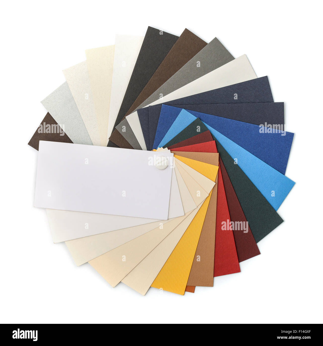Fan di cartoncini di campioni di carta isolato su bianco Foto Stock