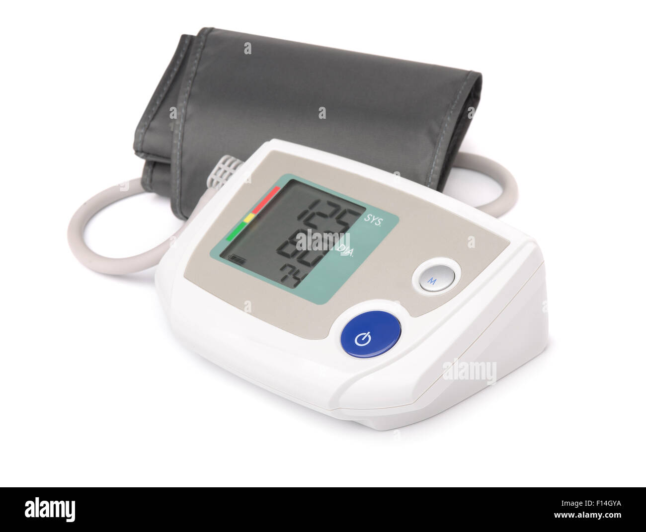 Electronic monitor della pressione del sangue isolato su bianco Foto Stock