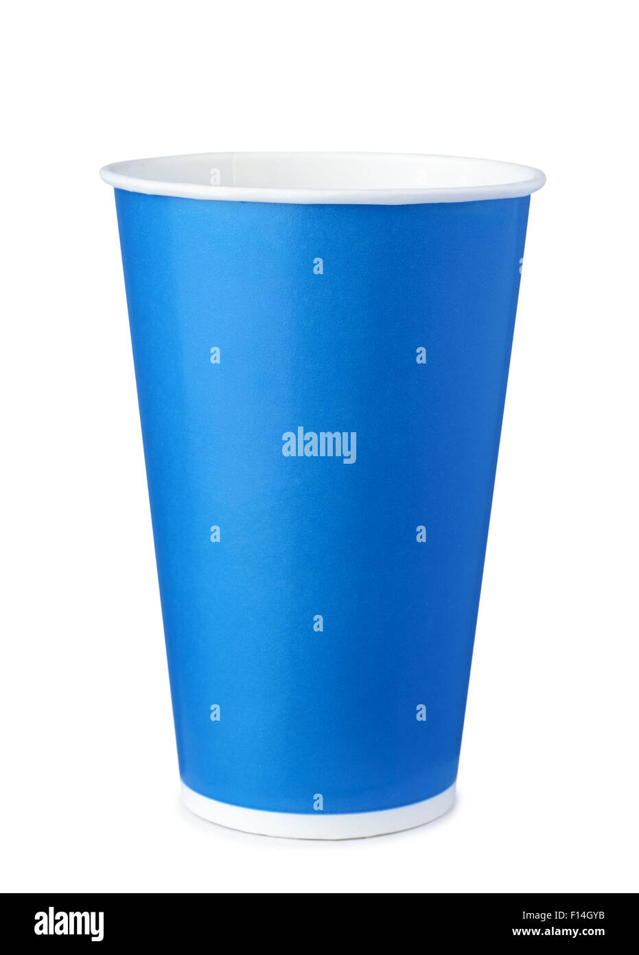 Blu di carta monouso tazza isolata su bianco Foto Stock