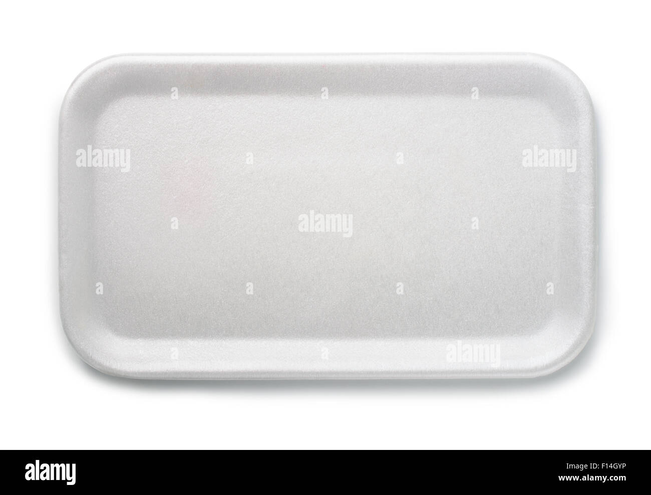 Vista superiore della schiuma vuoto vassoio per alimenti isolato su bianco Foto Stock