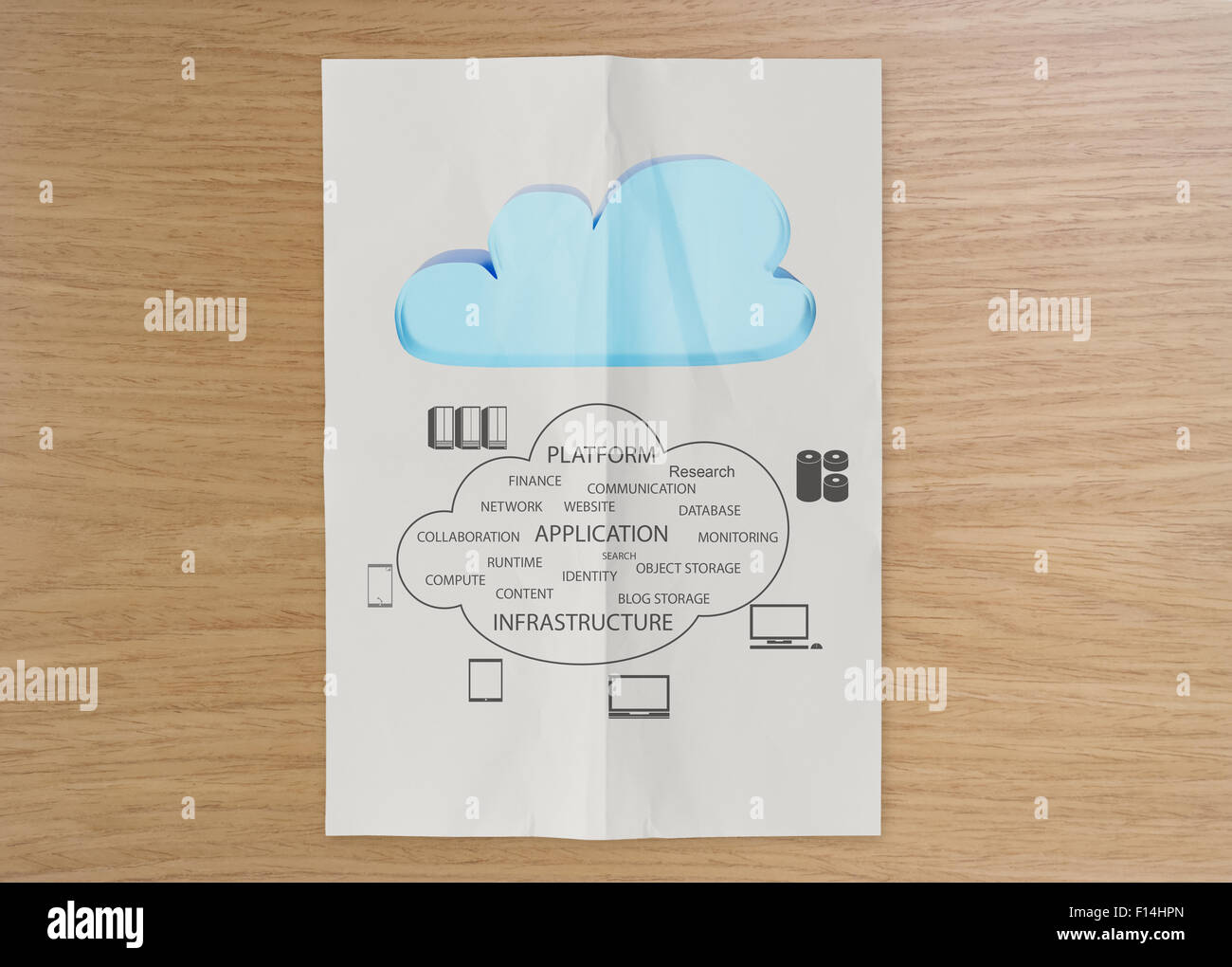 Graphic cluod il diagramma di rete su carta sgualcita con tavola di legno background come concetto Foto Stock