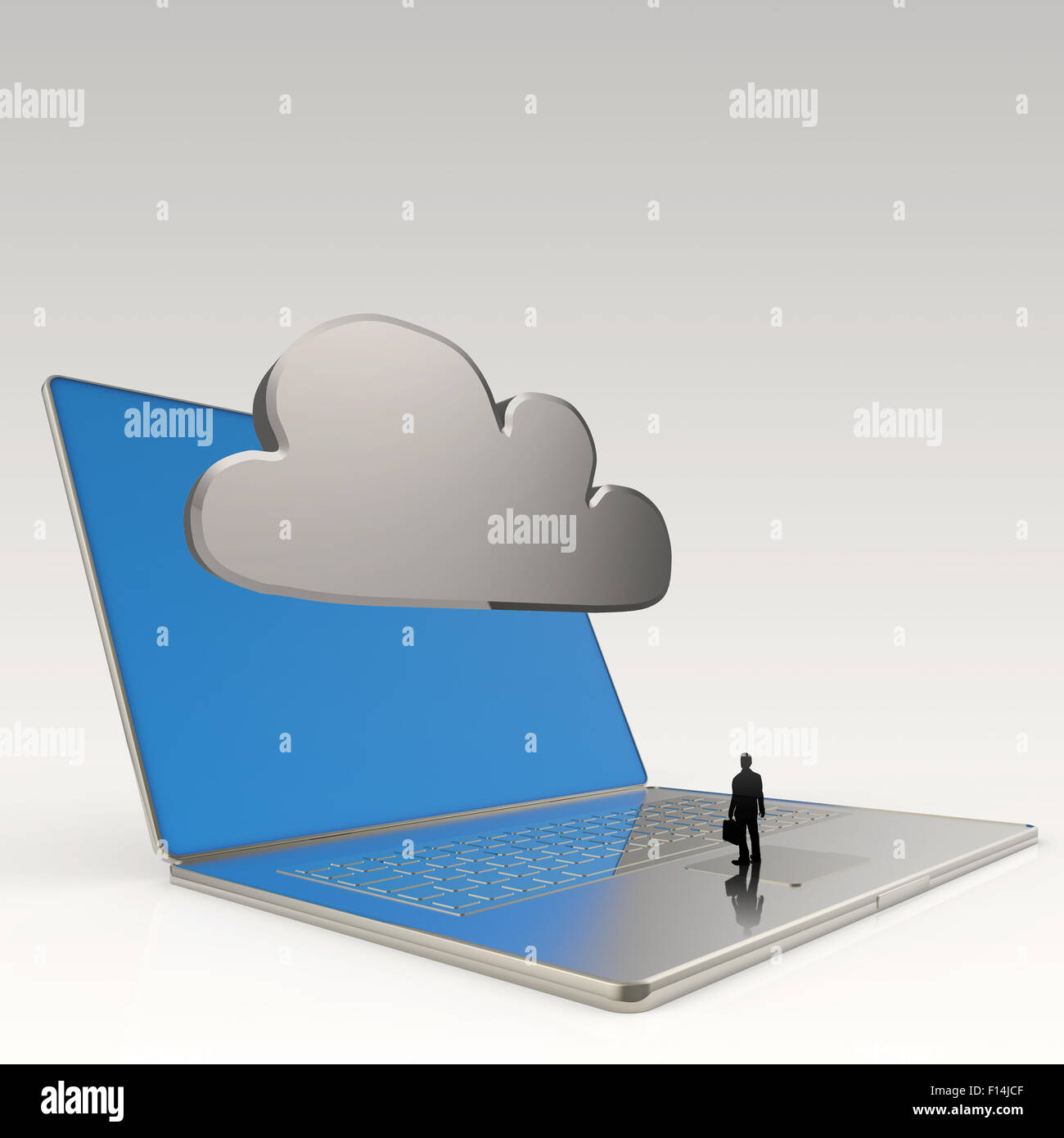 Imprenditore guardando il cloud computing 3d segno sul computer portatile come concetto Foto Stock