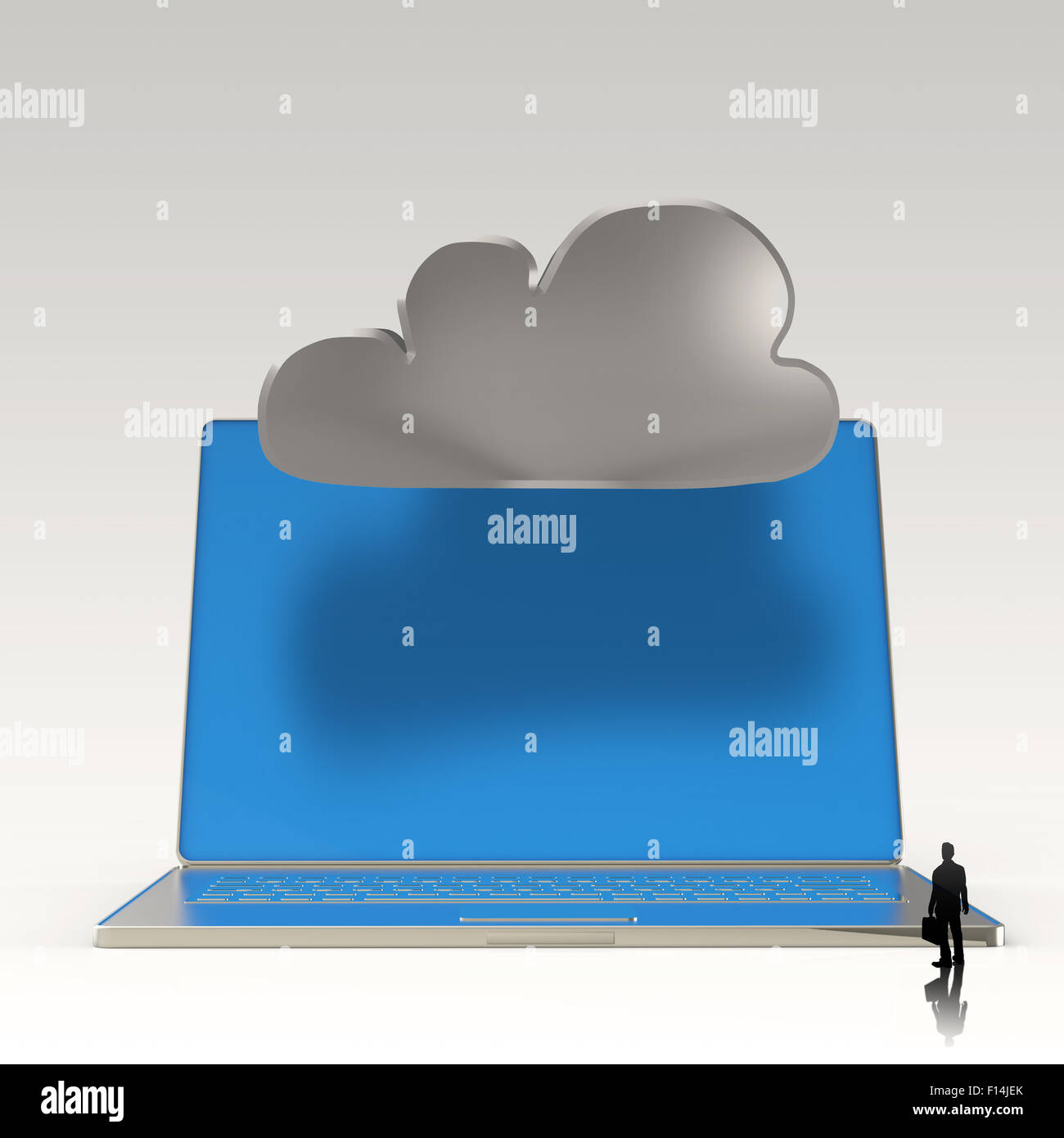 Imprenditore guardando il cloud computing 3d segno sul computer portatile come concetto Foto Stock