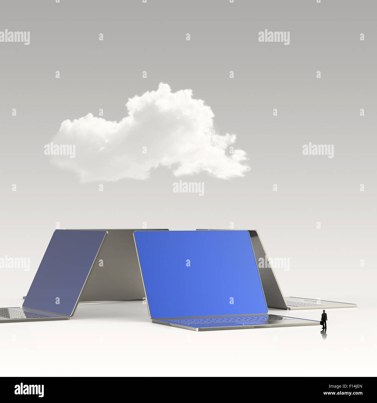 Imprenditore guardando il cloud computing 3d segno sul computer portatile come concetto Foto Stock