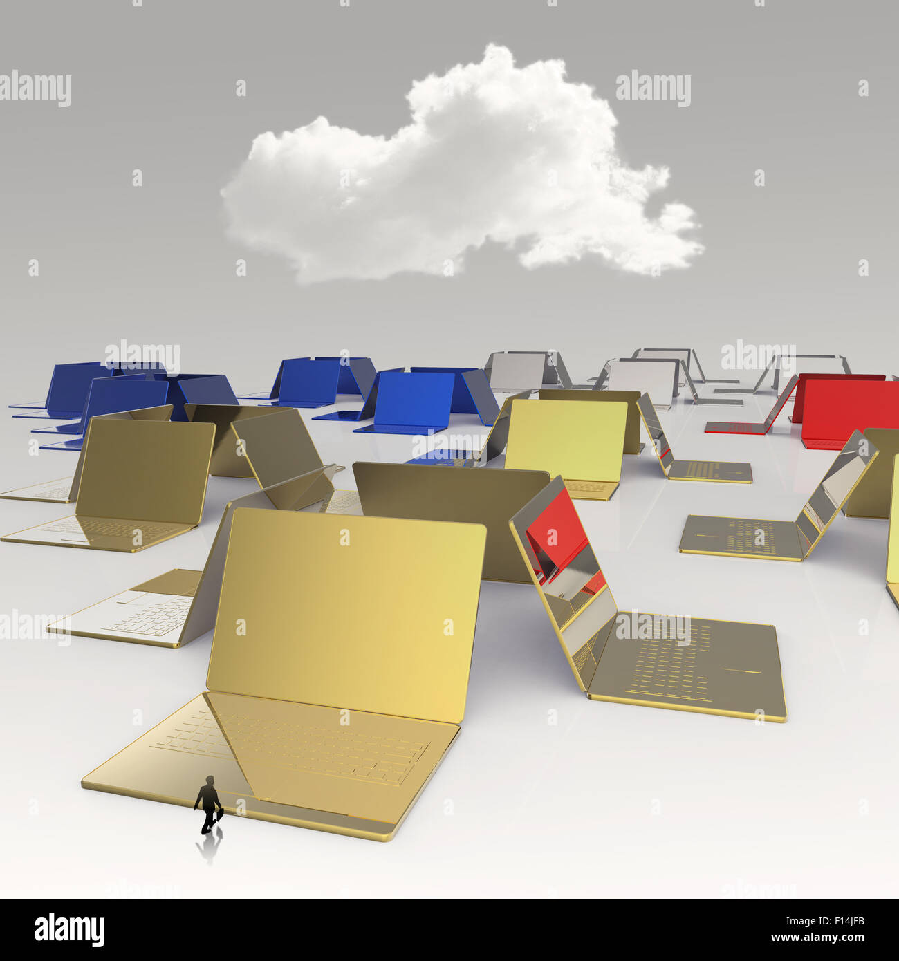 Imprenditore guardando il cloud computing 3d segno sul computer portatile come concetto Foto Stock