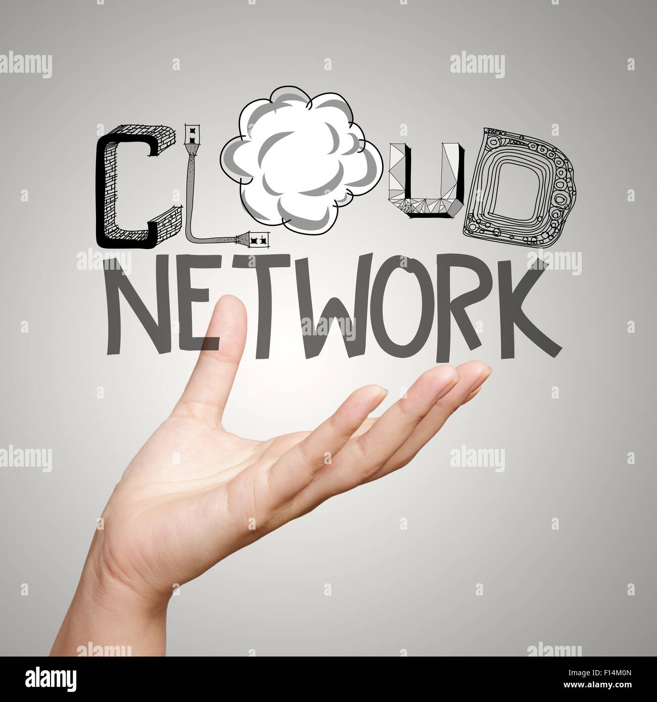 Stretta di mano mostra il progetto grpahic word cloud network come concetto Foto Stock