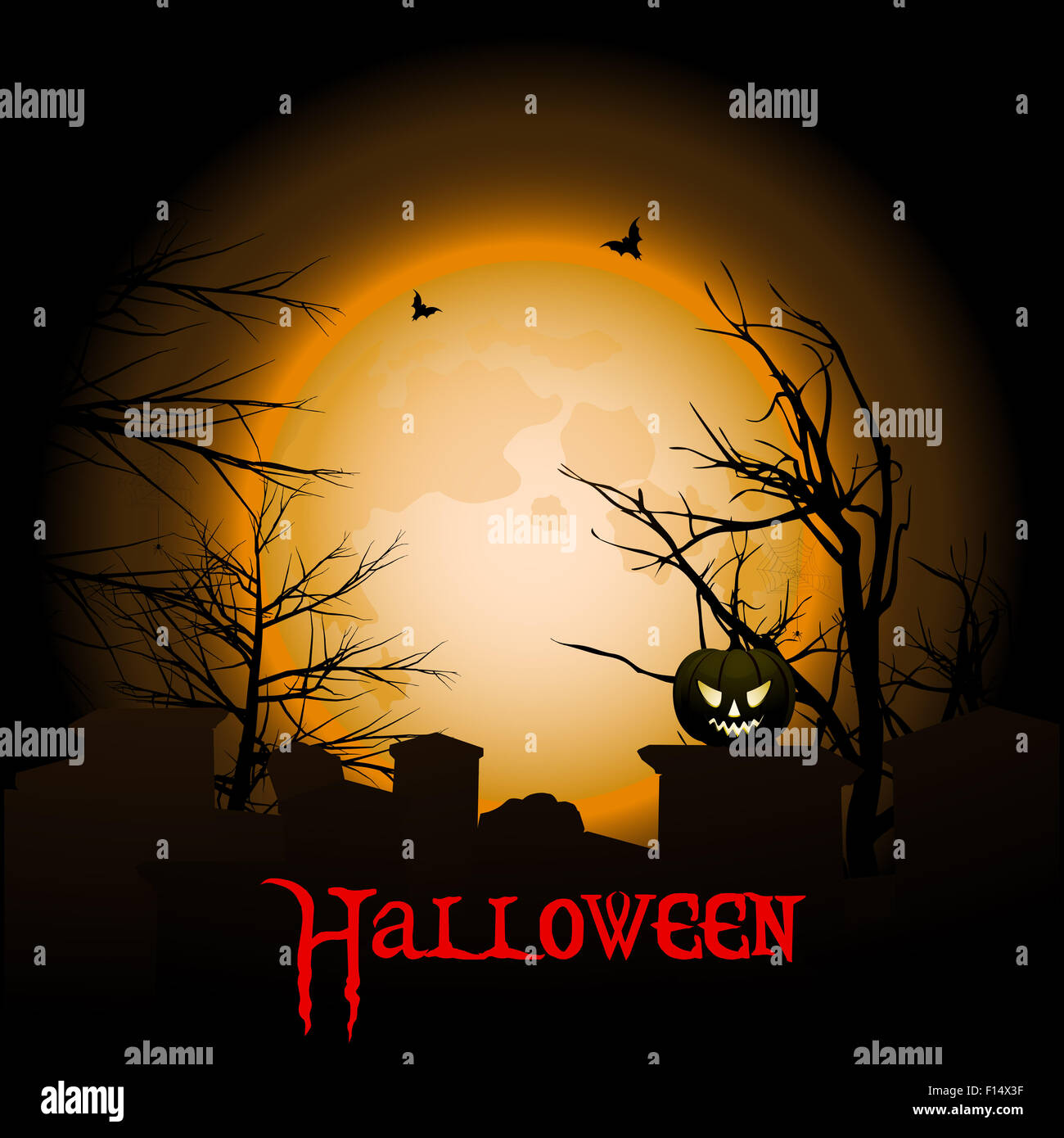 Sfondo di Halloween con zucca testo Creepy Tree e cimitero Foto Stock