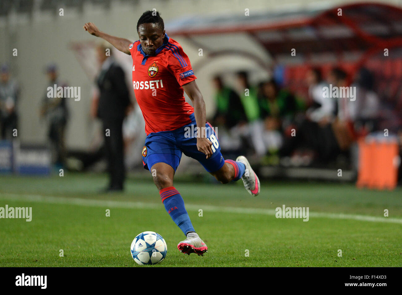 Khimki, Russia. 26 Ago, 2015. Ahmed Musa del CSKA durante la UEFA Champions League seconda gamba corrispondenza tra la Russia il CSKA Mosca e il Portogallo Sporting Lisbona a Khimki Arena stadium di Khimki, Russia, Agosto 26, 2015. Il CSKA vince 3-1. © Pavel Bednyakov/Xinhua/Alamy Live News Foto Stock