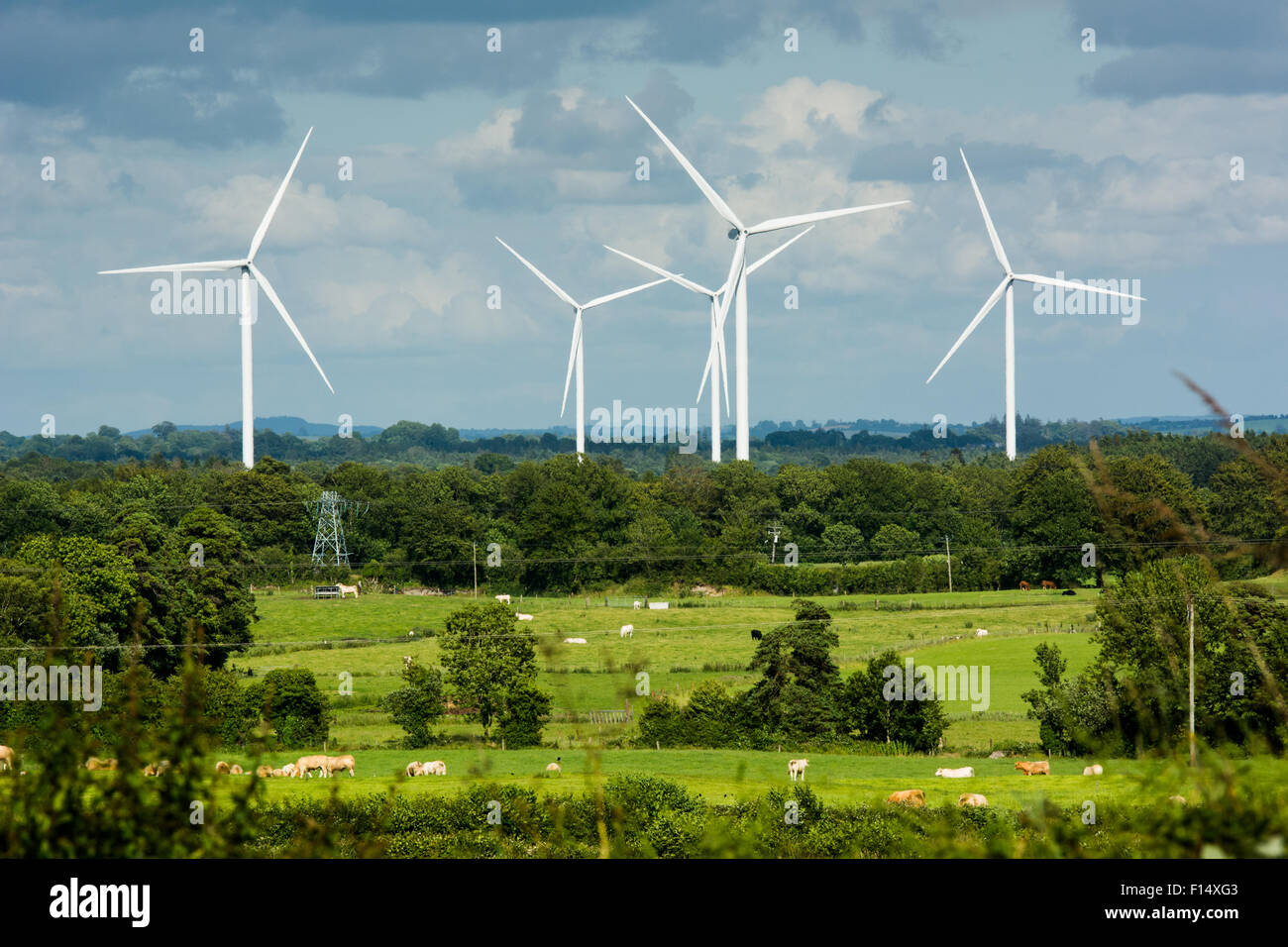 Le turbine eoliche si affaccia il paesaggio agricolo in Irlanda Foto Stock