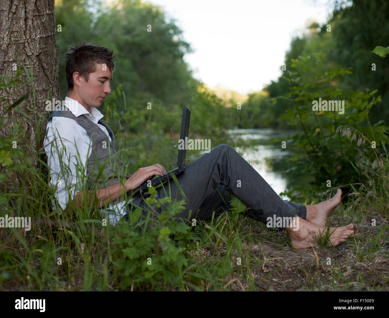 Stati Uniti d'America, Utah, Provo, uomo seduto ad albero utilizzando laptop Foto Stock
