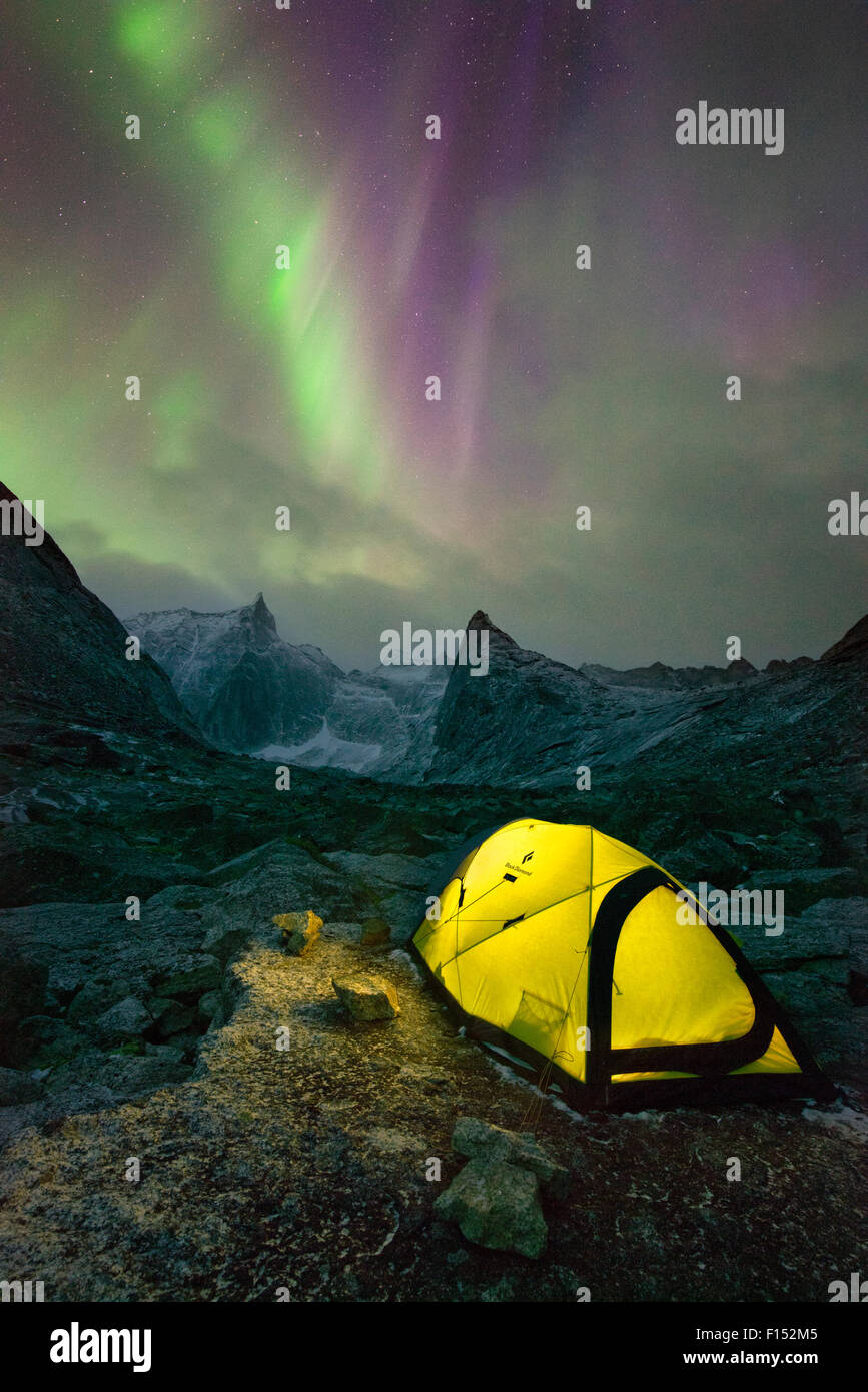 Aurora Boreale su giallo tenda illuminata dall'interno e uno scenario montuoso, picchi Arrigetch, cancelli dell'Artico National Park, Brooks Range, Alaska, STATI UNITI D'AMERICA, Agosto 2014. Foto Stock