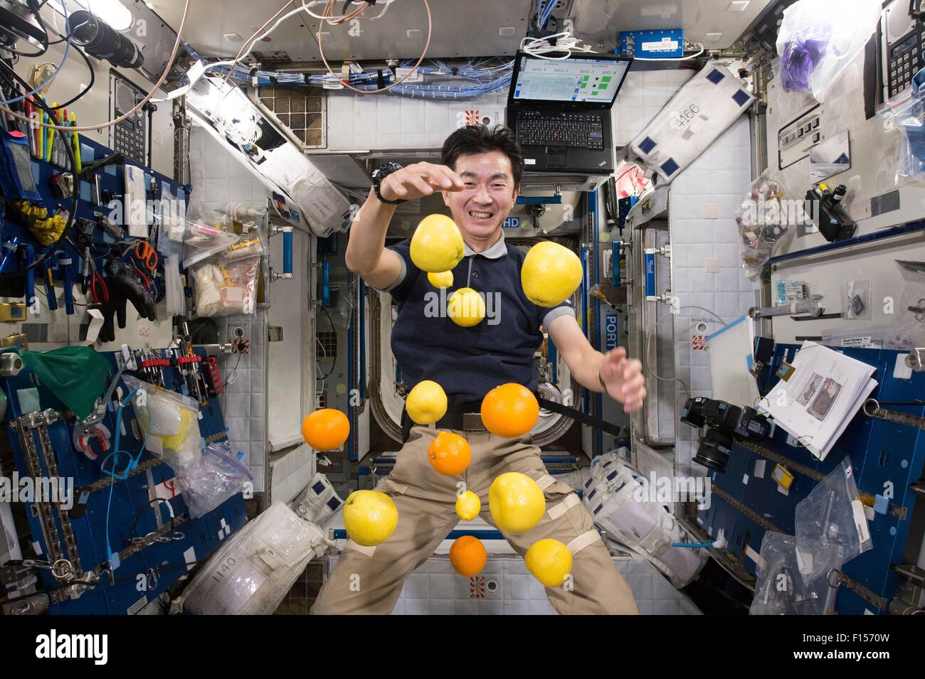 Japan Aerospace Exploration Agency astronauta Kimiya Yui stalle la fornitura di frutta fresca che è arrivato sul Kounotori 5 H-II veicolo di trasferimento di nave di alimentazione a bordo della Stazione Spaziale Internazionale Agosto 25, 2015 in orbita intorno alla terra. Foto Stock
