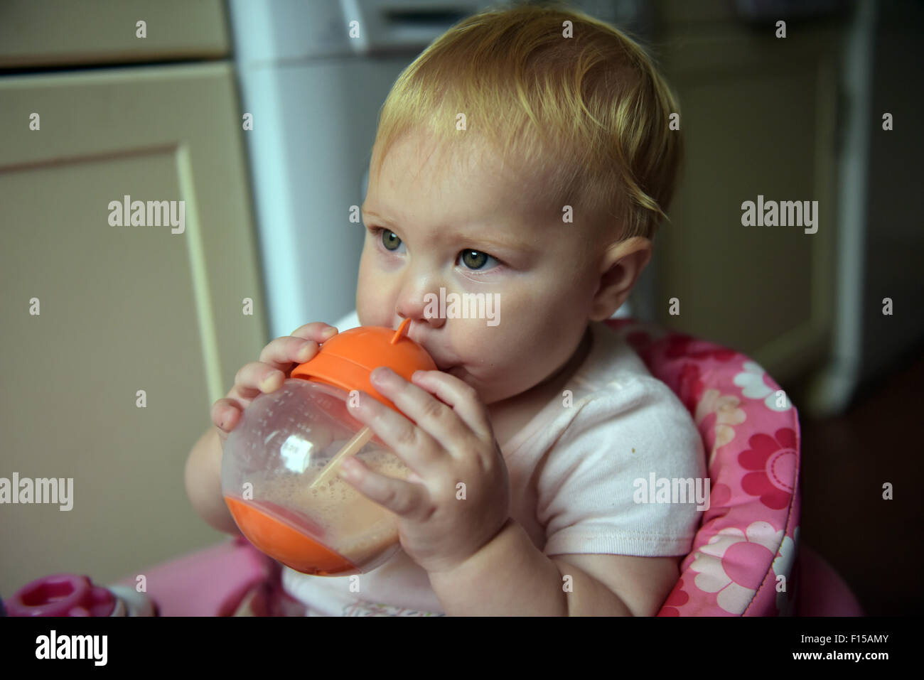 Un undici mesi tenendo un arancio brillante bicchiere di acqua potabile mentre è seduto nella sua impennata in cucina Foto Stock