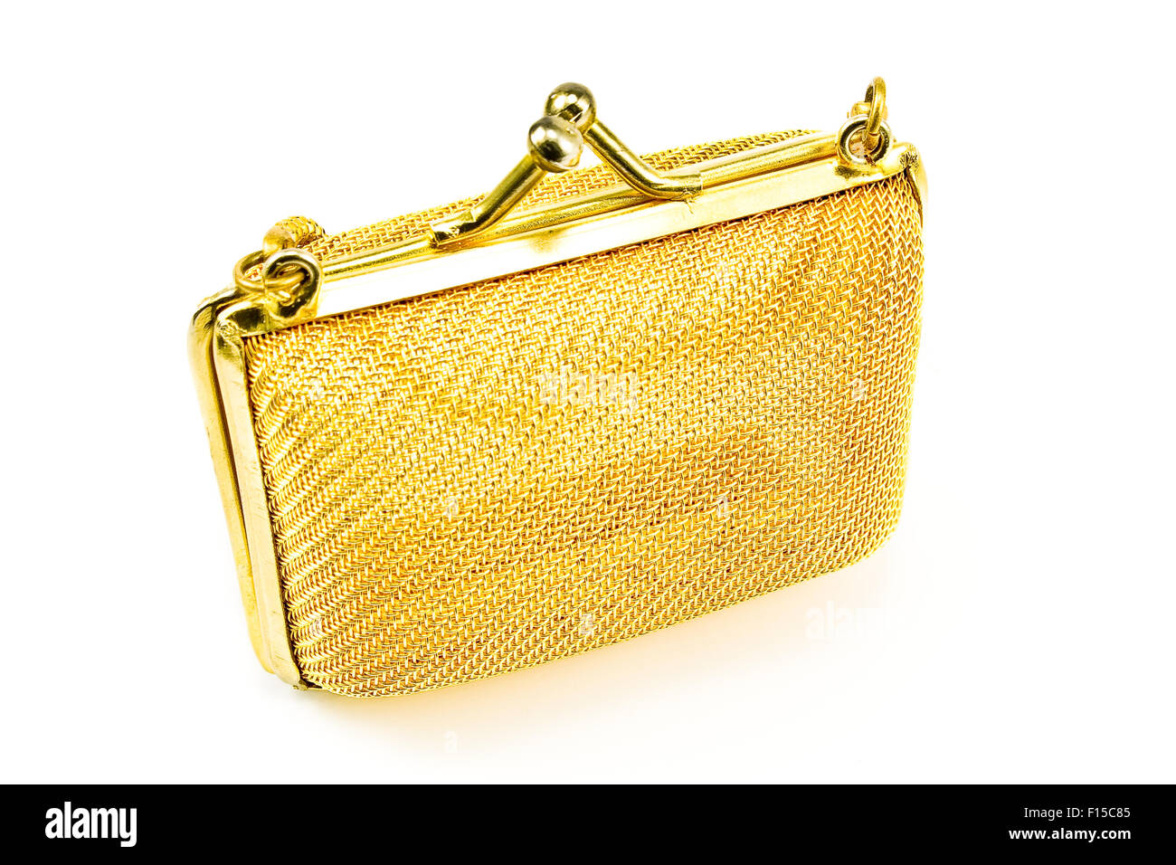 Golden purse isolato su bianco Foto Stock