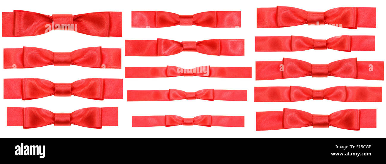 Set di arco rosso nodi in stretti nastri di raso isolati su sfondo bianco Foto Stock