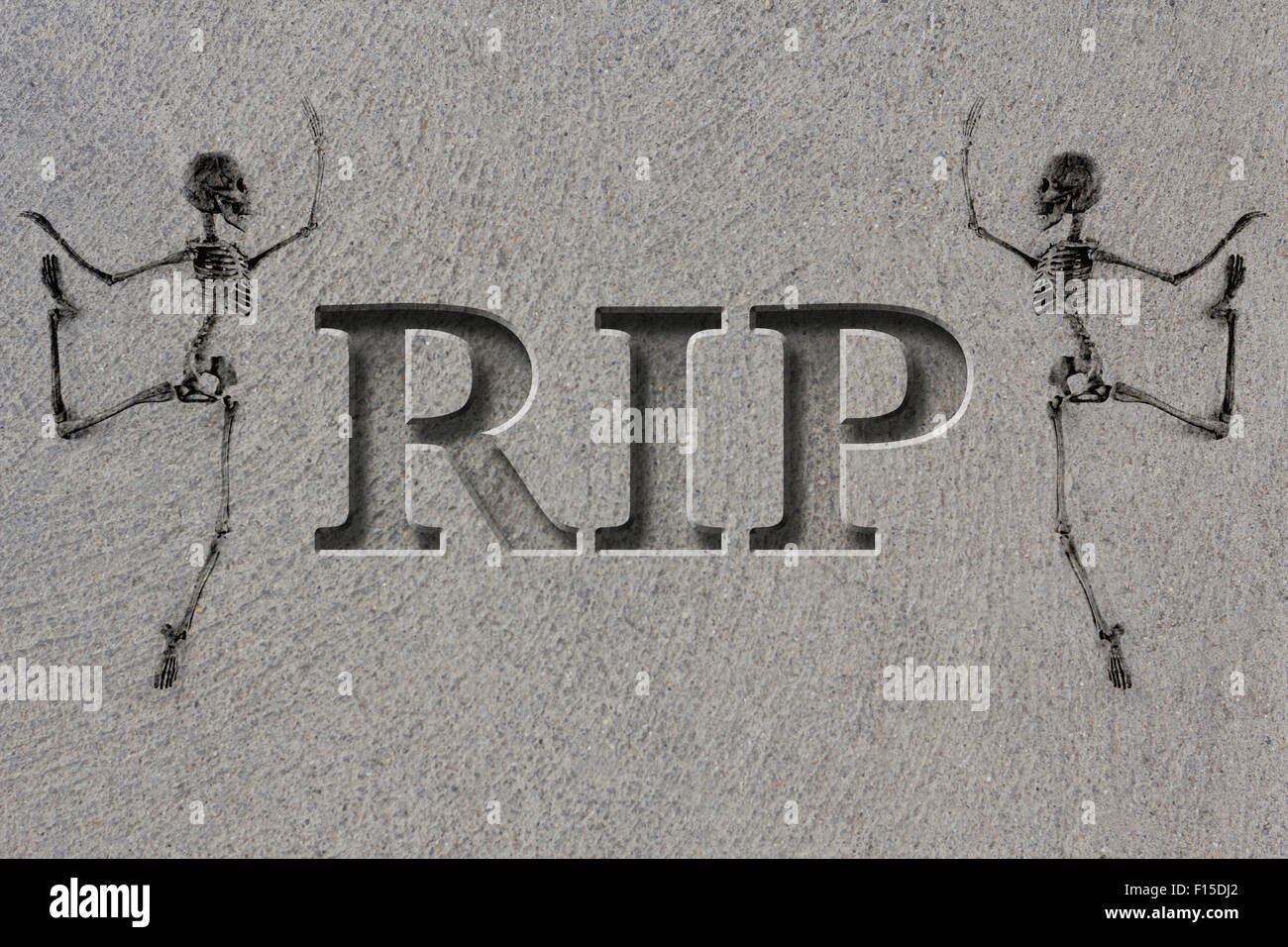 Lapide inciso ortografia le lettere RIP con scheletri - riposa in pace Foto Stock