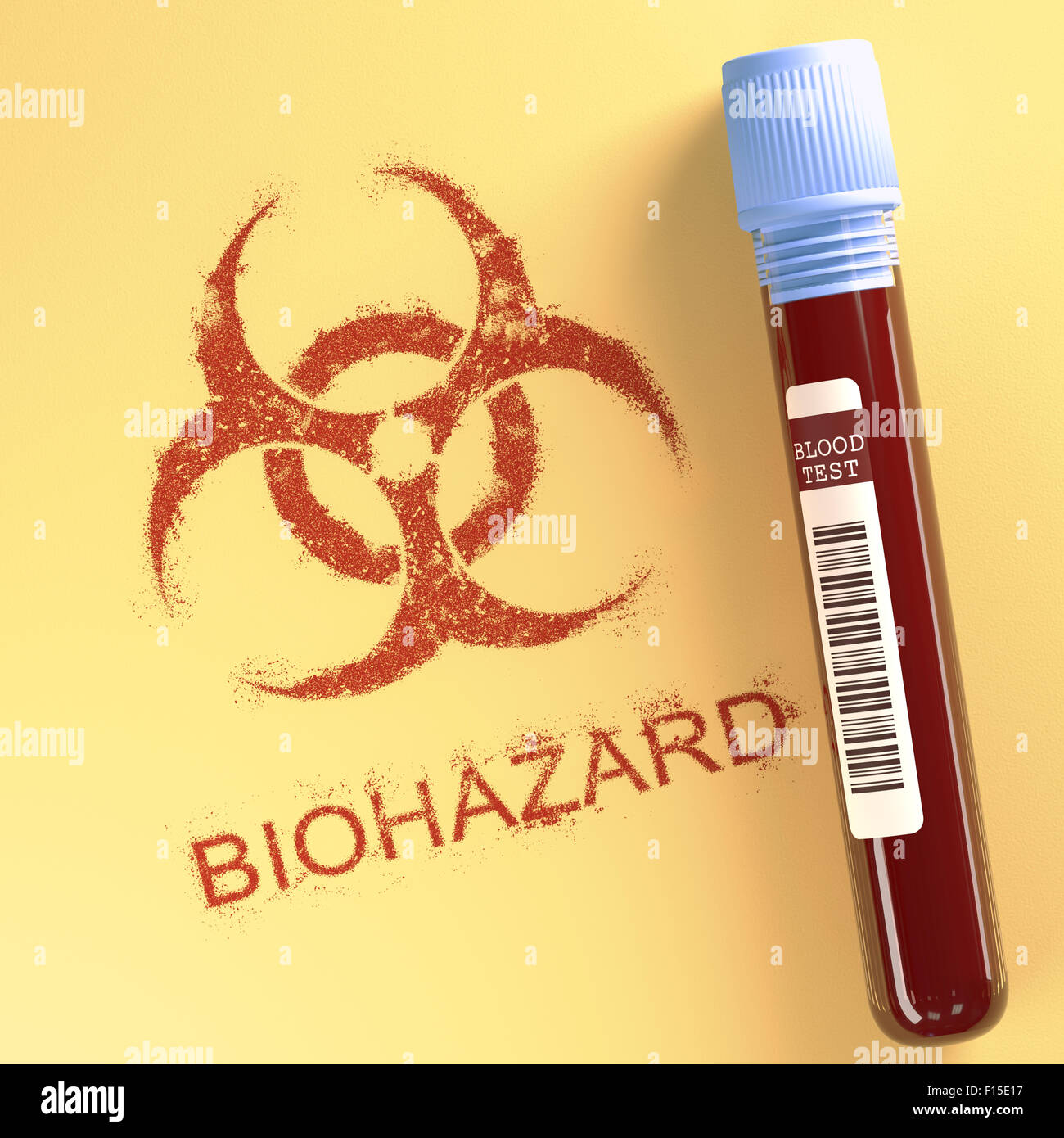 Tubo di prova con il sangue contaminato. Il simbolo sulla carta che indica pericolo. Percorso di clipping incluso. Foto Stock