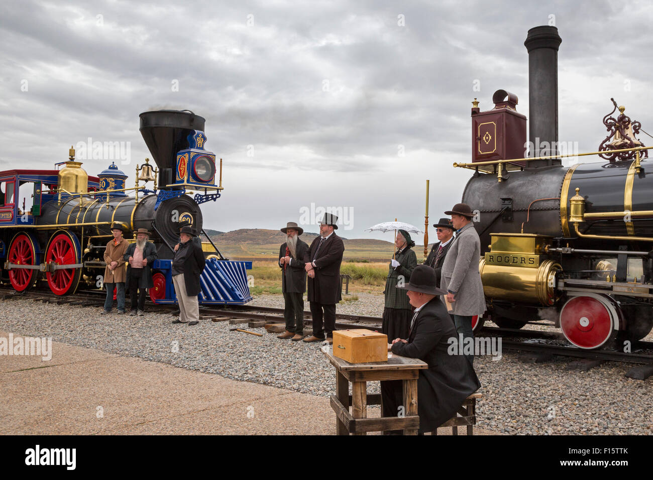 Promontory Summit, Utah - Golden Spike National Historical Park, dove la prima ferrovia transcontinentale fu completata nel 1869. Foto Stock