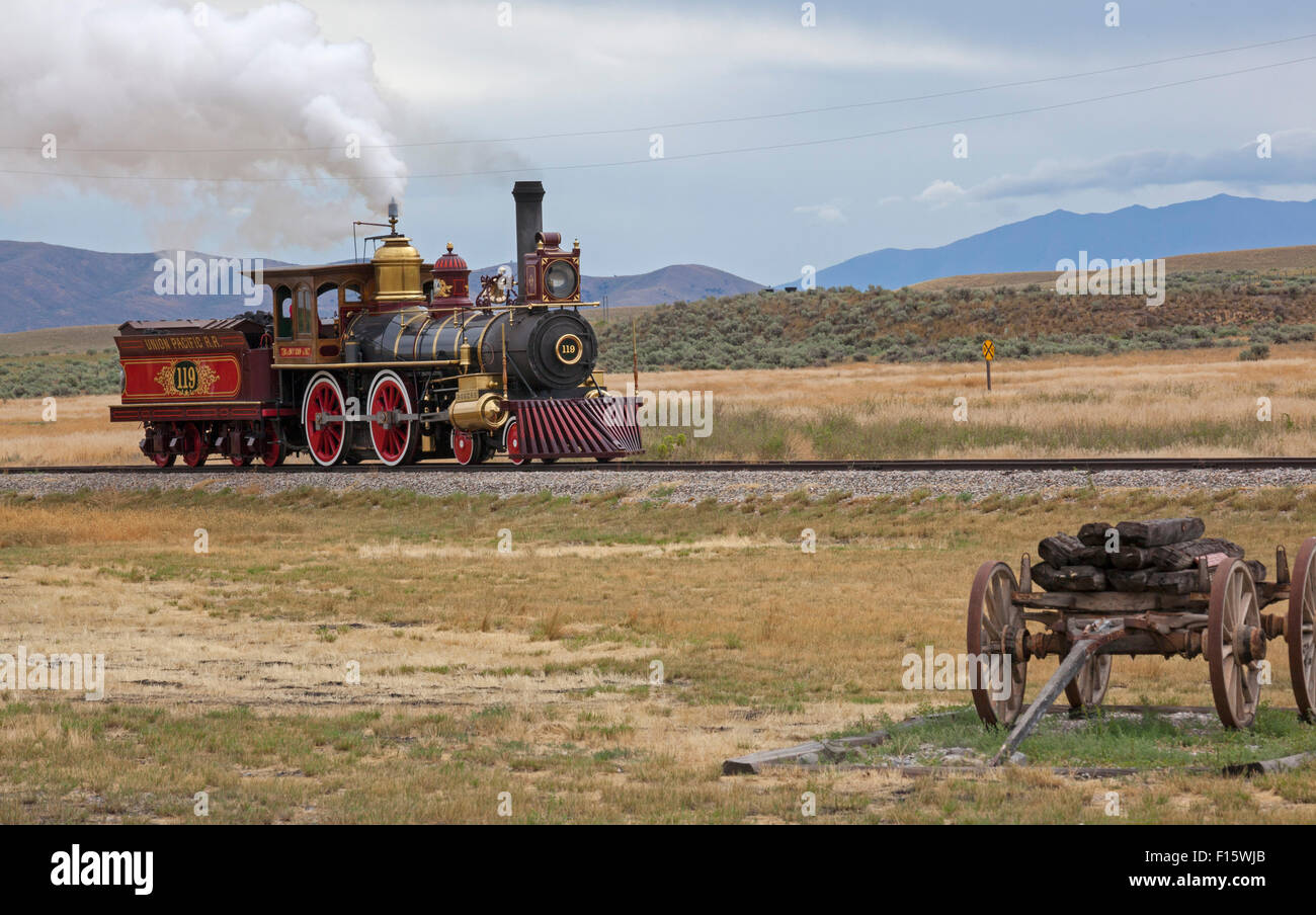 Promontory Summit, Utah - Golden Spike National Historical Park, dove la prima ferrovia transcontinentale fu completata nel 1869. Foto Stock