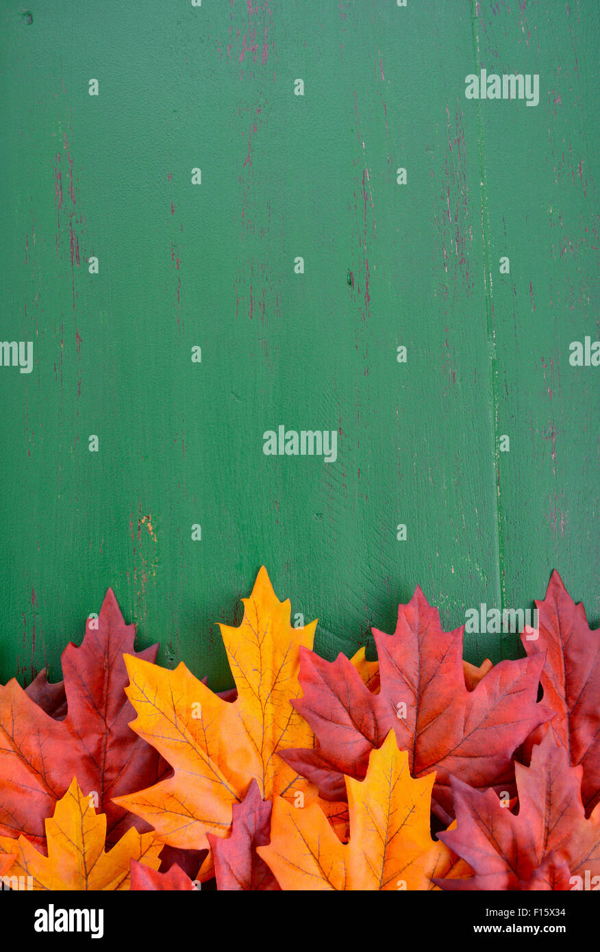 Autunno Autunno sfondo rustico sul verde vintage legno invecchiato con foglie di autunno e decorazioni. Foto Stock