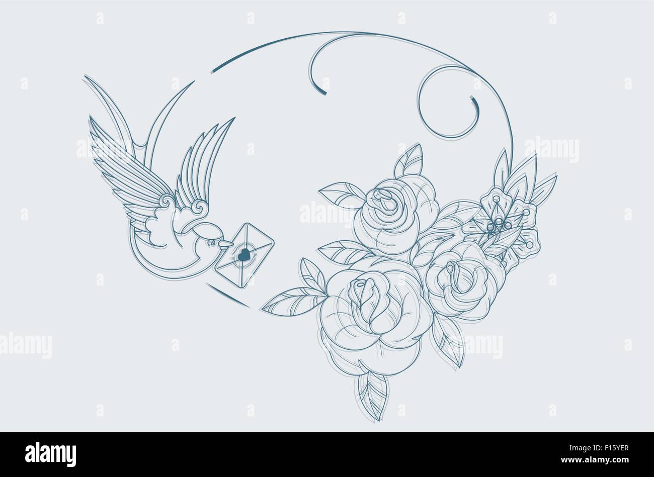 Tema d'amore pagina di colorazione della vecchia scuola di segni di tatuaggio Illustrazione Vettoriale